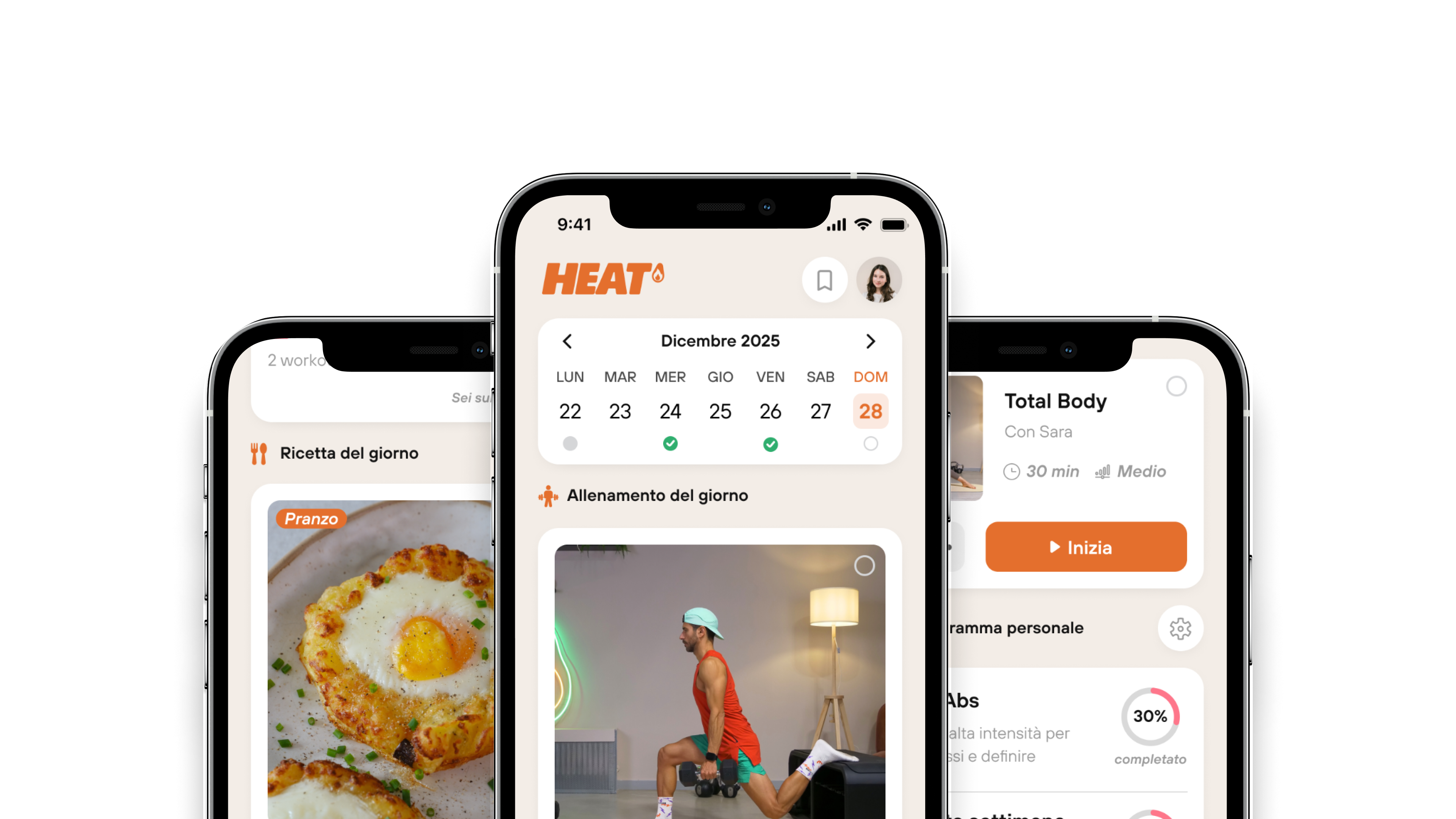 App HEAT su smartphone — calendario, allenamenti e ricette