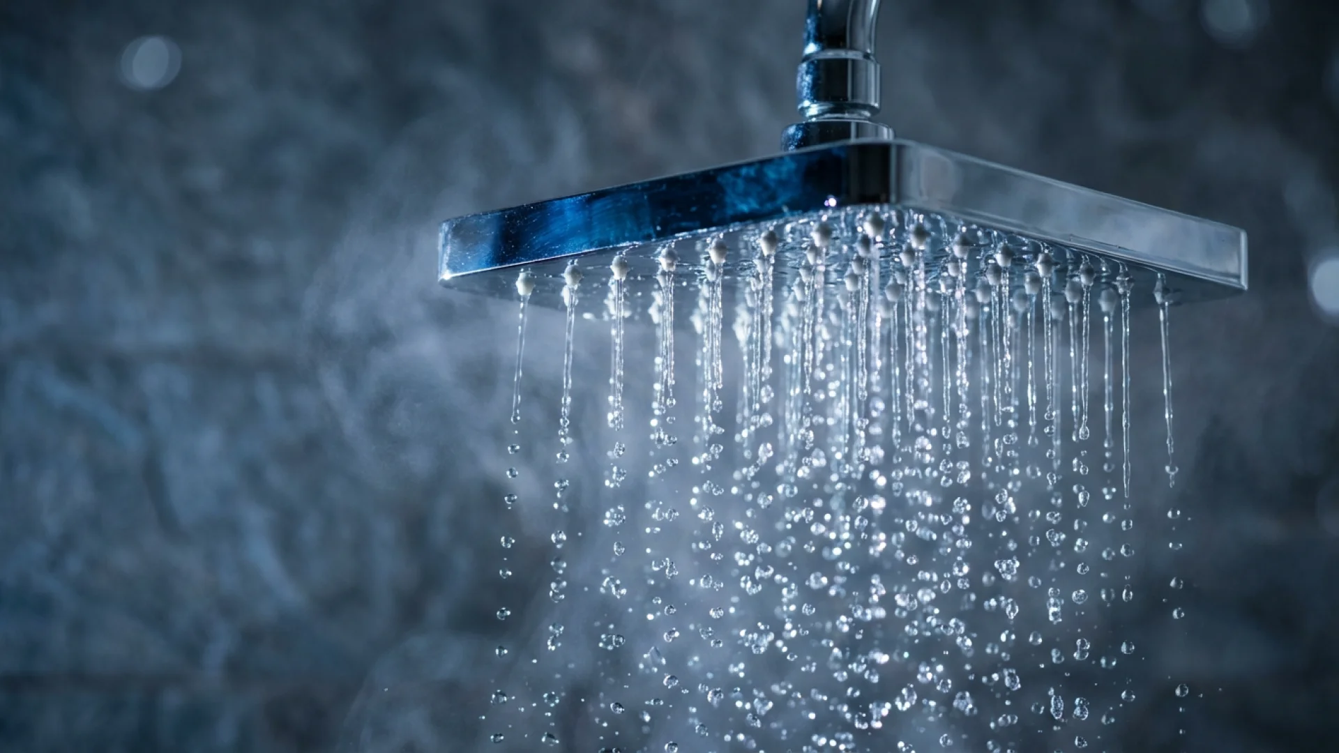 Square metal showerhead with water and steam droplets falling from nozzles.