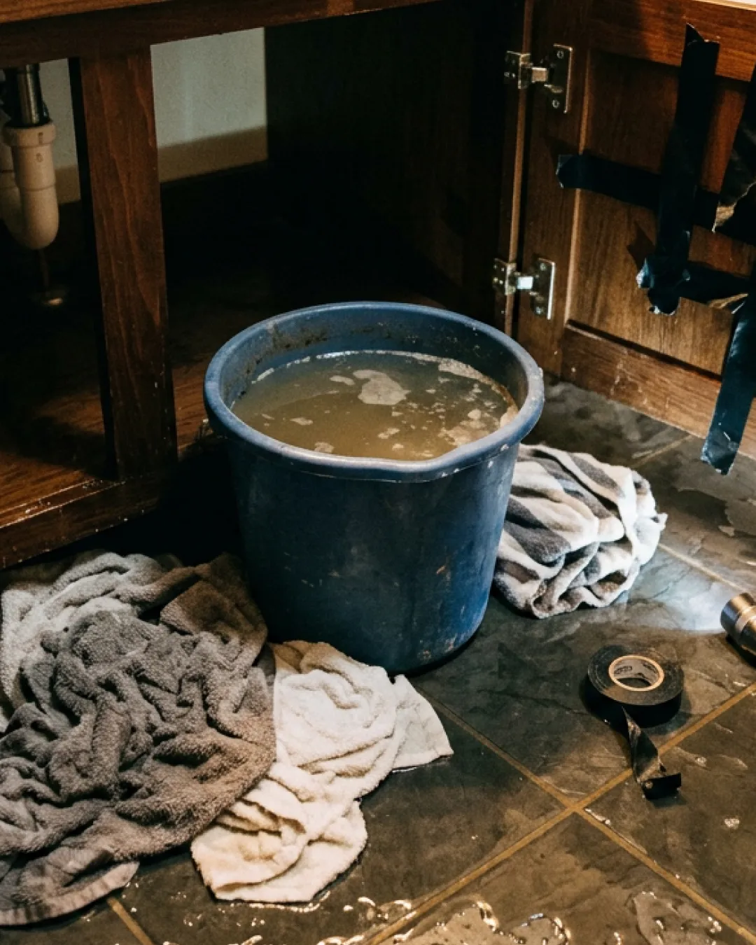 A metal bucket on dark timber floorboards catching drips from above, with a folded towel around its base in a Balmain heritage home.