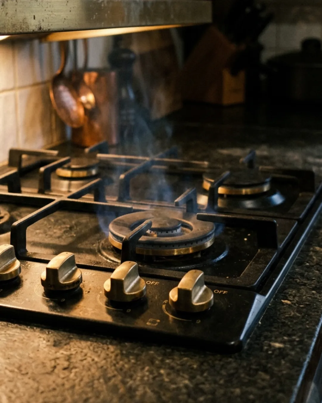 A gas meter on a painted brick wall in a narrow side passage between Balmain terraces, lit by cool moonlight and warm reflected glow on brass fittings.