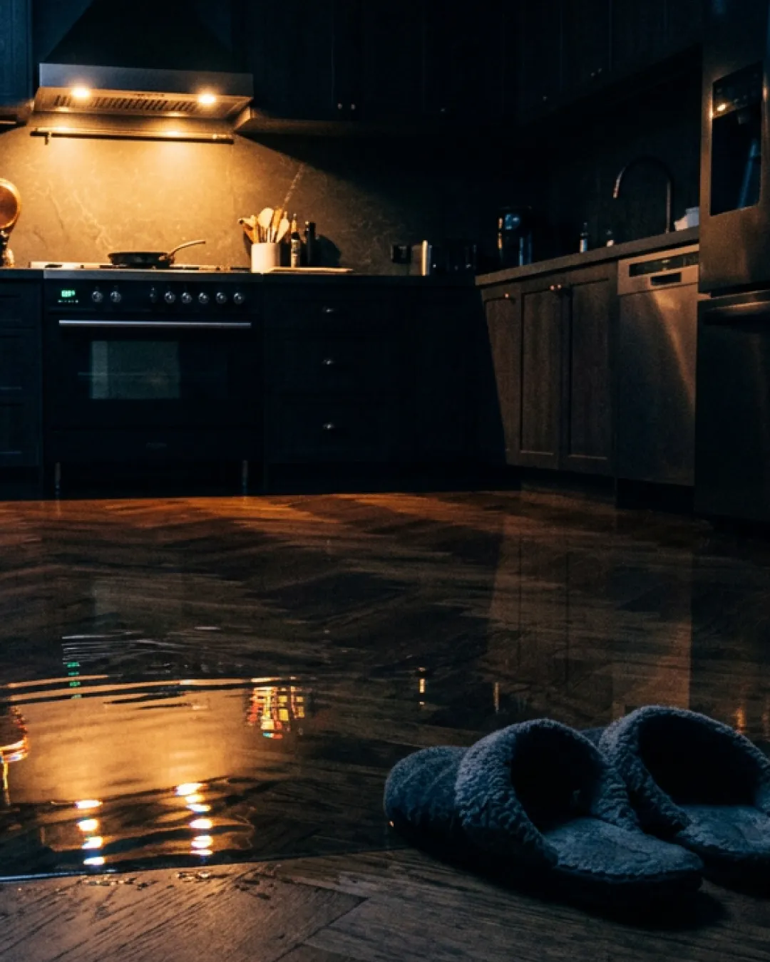 A Balmain terrace at night with warm light glowing from a window and a cool work light illuminating the narrow side passage.