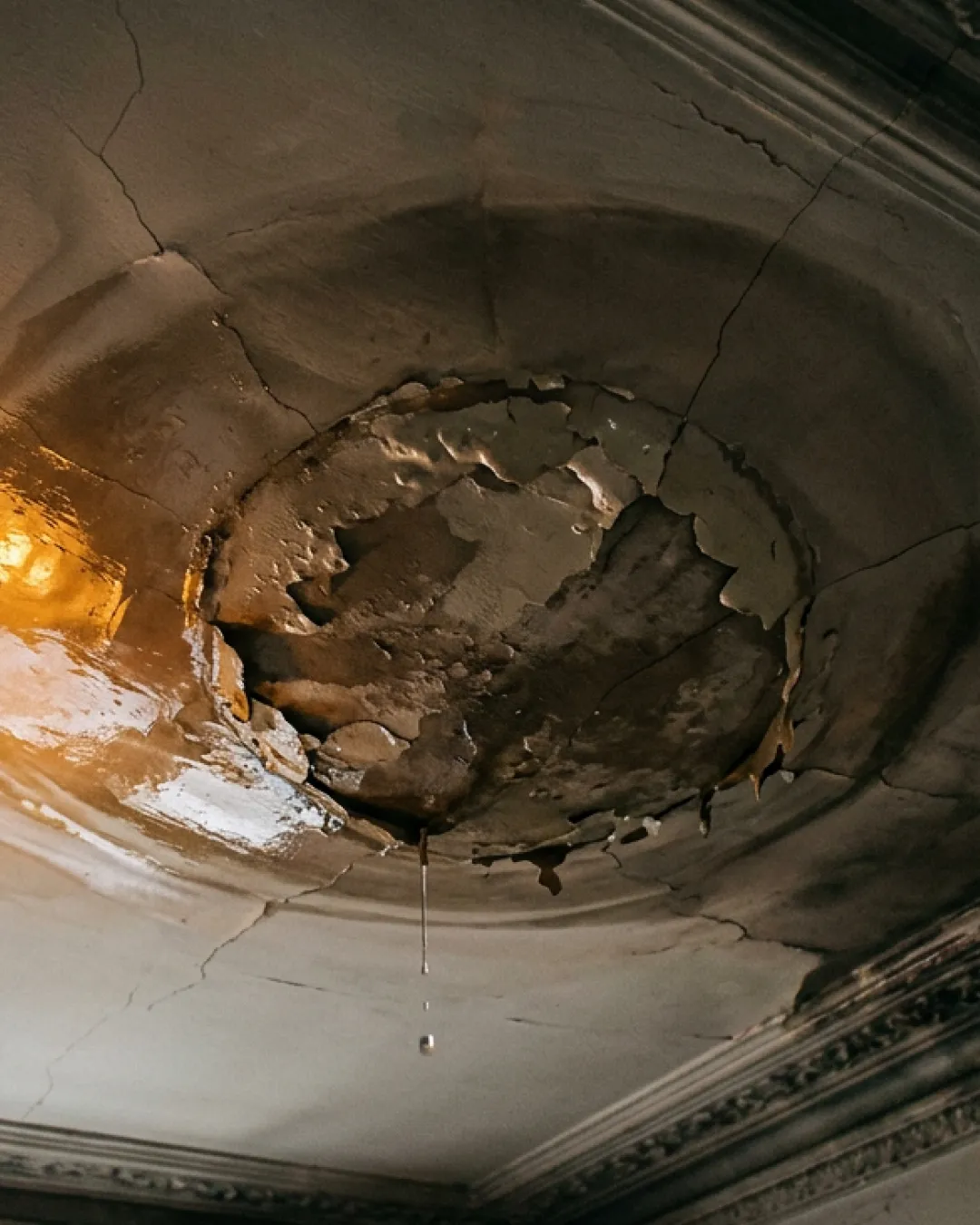 Water stain spreading across a pressed-tin ceiling in a Balmain terrace, with a droplet about to fall near a warm vintage pendant light.