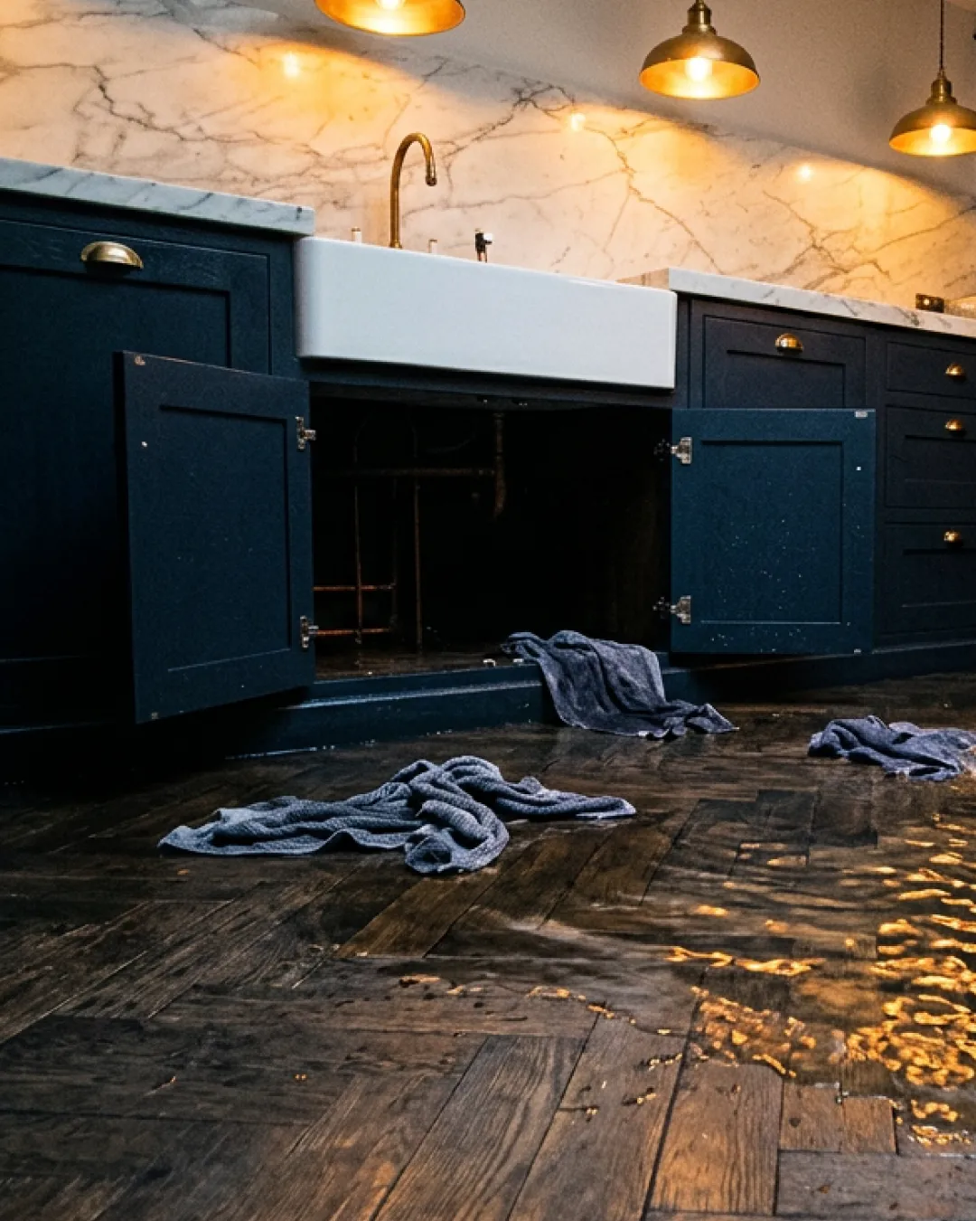 Water pooling across dark timber floorboards in a Balmain heritage terrace hallway, reflecting warm overhead pendant light.