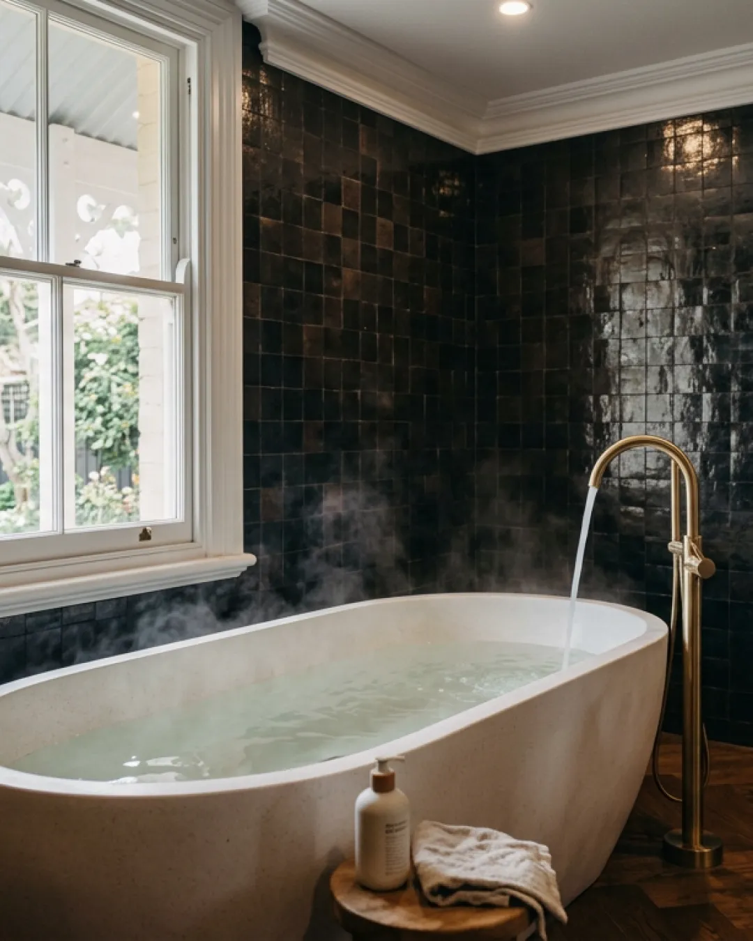 A freestanding stone bath filling with steaming water in a renovated Balmain heritage bathroom with dark zellige tiles and brass fixtures