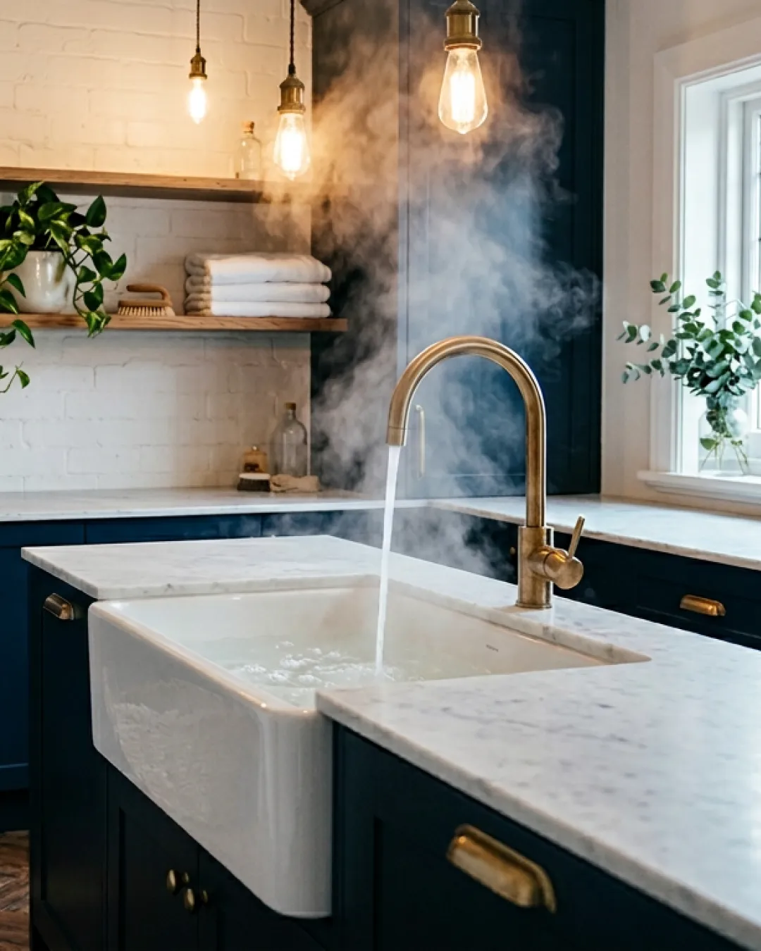 Steaming water running from a brass tap into a deep ceramic laundry tub in a renovated Balmain heritage laundry with dark cabinetry