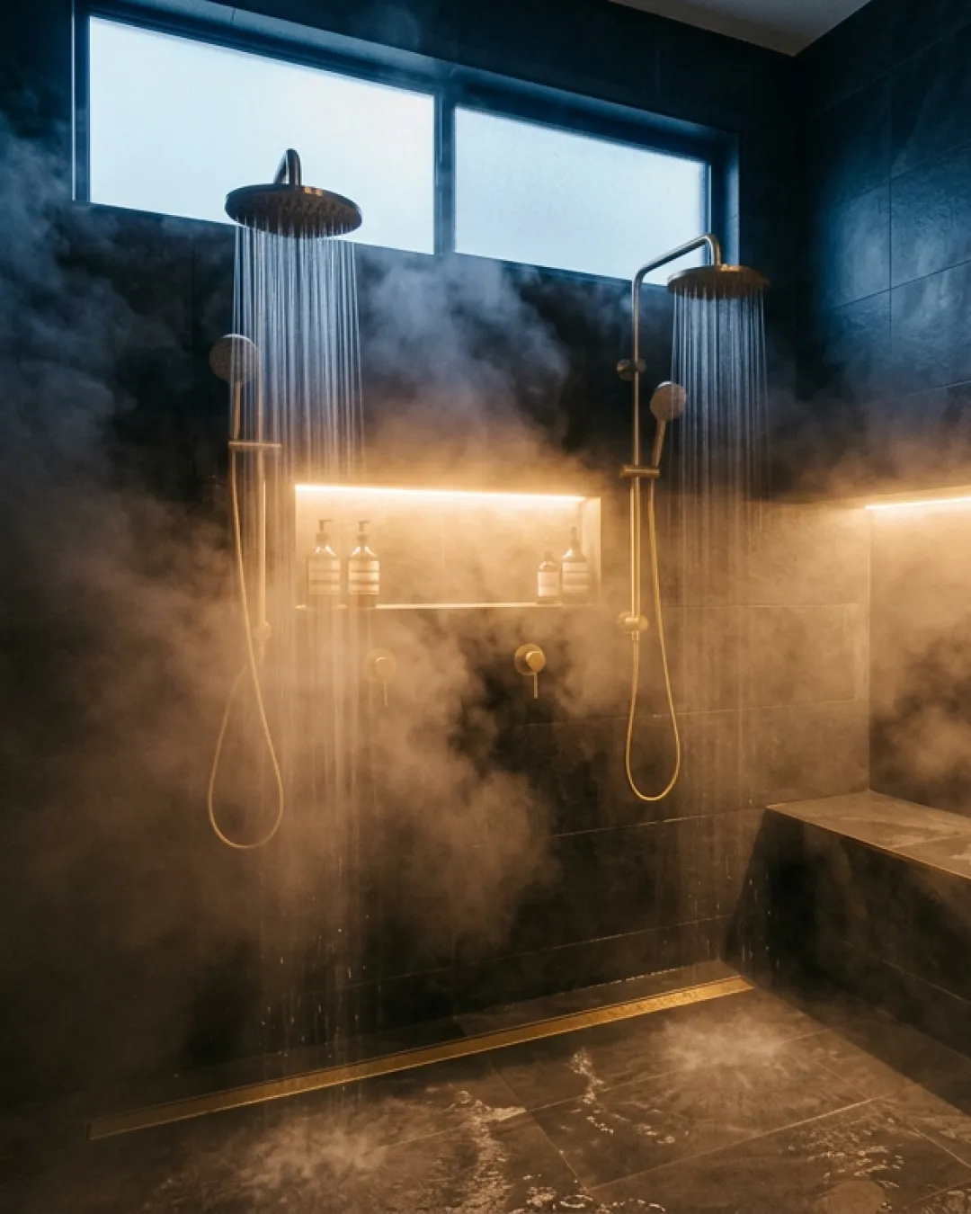 Two brass rainfall showerheads running simultaneously in a steaming walk-in wet room in a renovated Balmain terrace