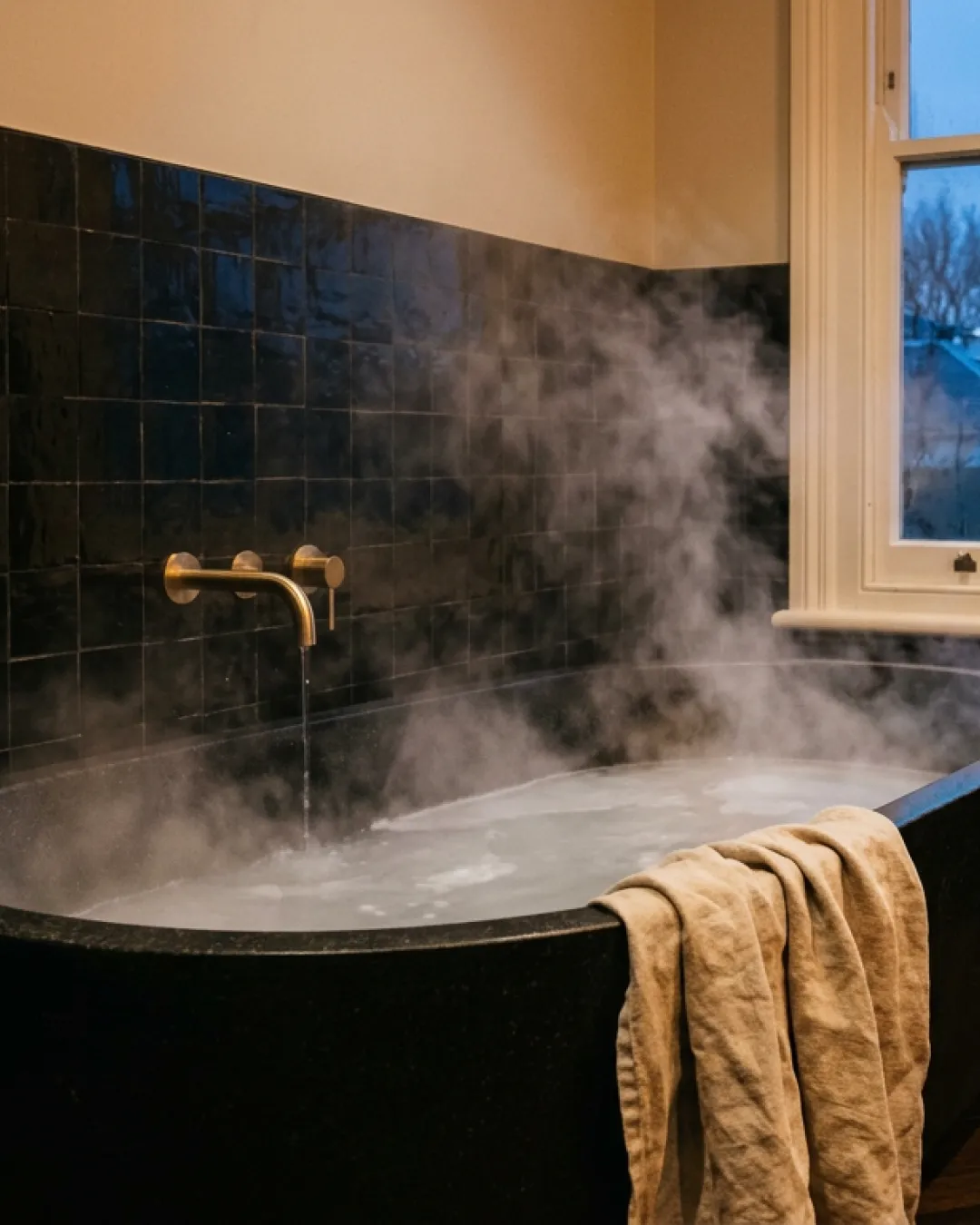 A matte black freestanding bath filled with steaming water in a Balmain heritage bathroom on a winter evening, blue dusk visible through the sash window