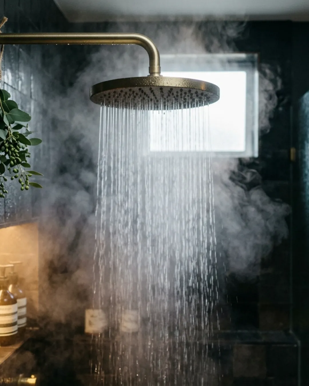 A brushed brass rainfall showerhead pouring steaming water in a dark zellige-tiled shower recess in a renovated Balmain terrace bathroom