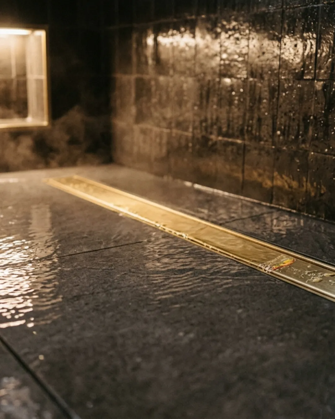 Water sheeting evenly across a dark tiled shower floor toward a brushed brass linear drain in a renovated Balmain terrace bathroom