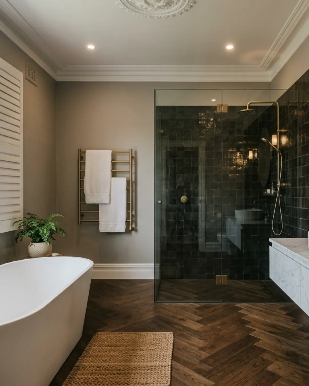 A fully renovated heritage bathroom in a Balmain terrace with freestanding bath, marble vanity, dark zellige tiles, brass fixtures, and original crown moulding