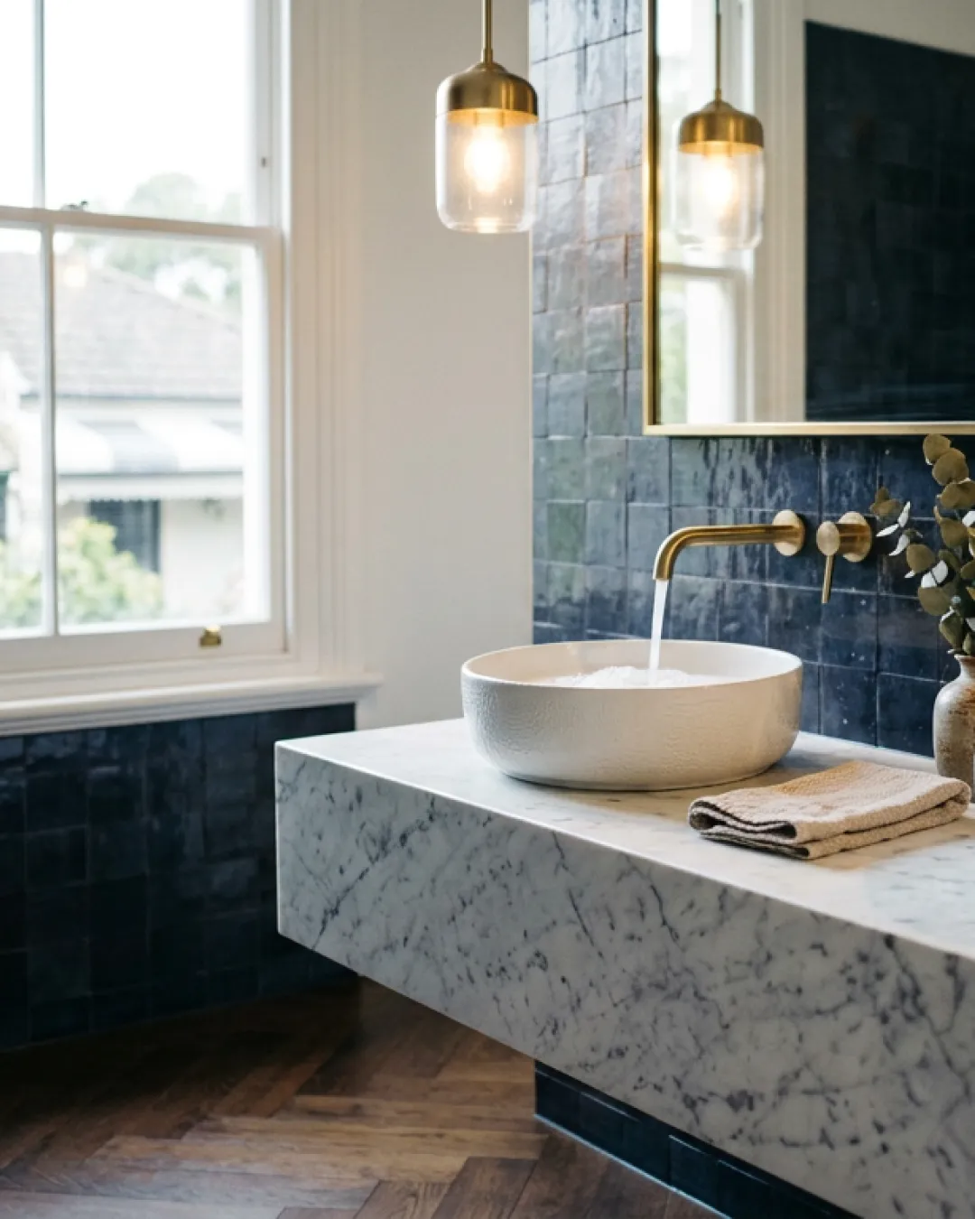A floating Carrara marble double vanity with brass wall-mounted taps and vessel basins in a renovated Balmain terrace bathroom