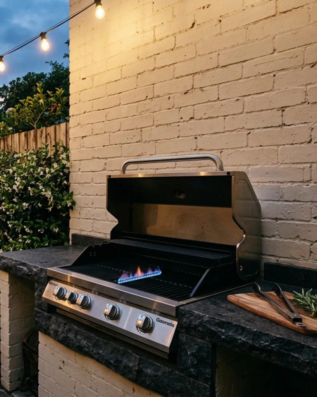 A built-in gas barbecue with stone benchtop in a landscaped Balmain terrace courtyard at dusk with festoon lights overhead