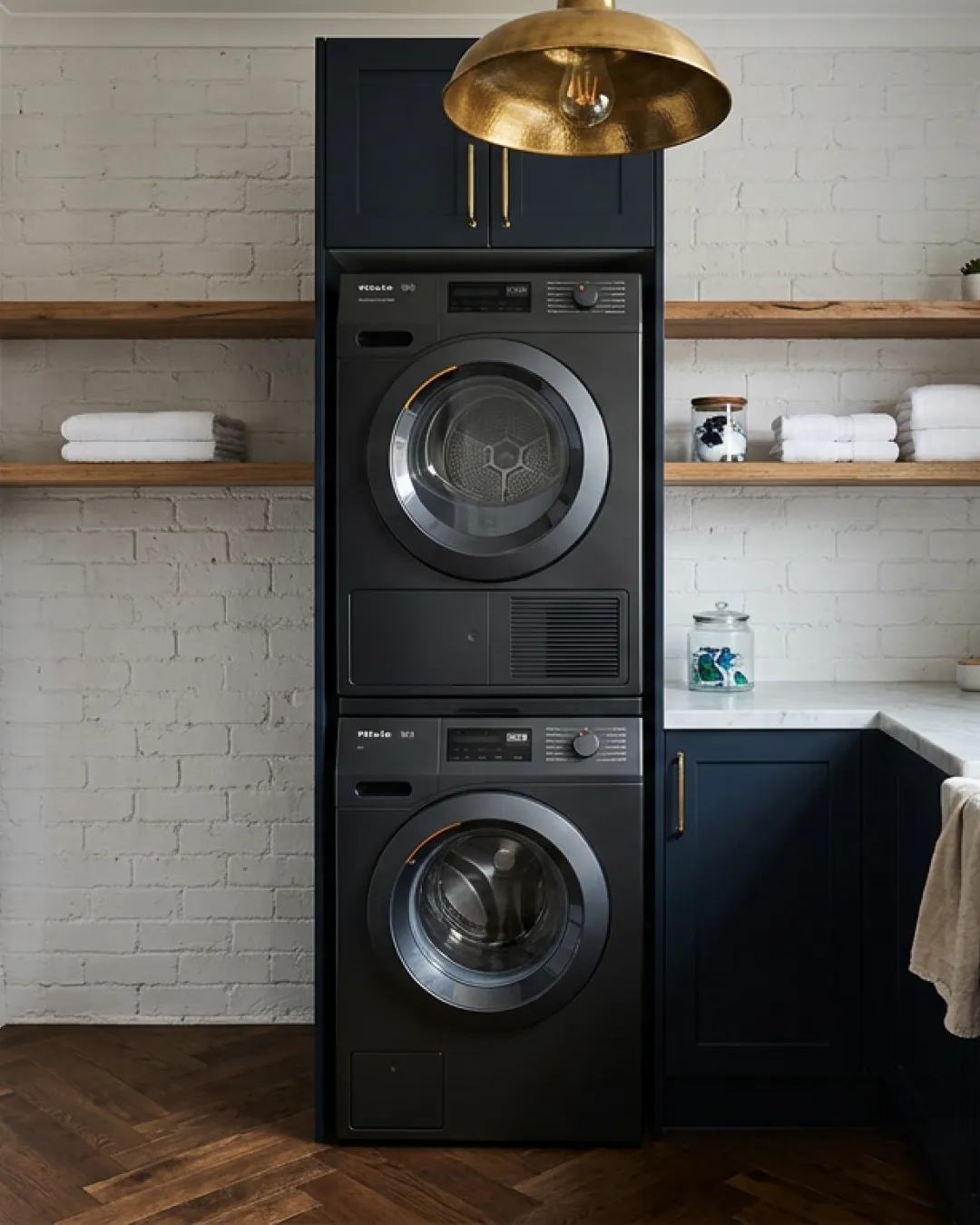 A modern dark-fronted gas dryer stacked above a washing machine in a renovated Balmain terrace laundry with brass fixtures and marble benchtop