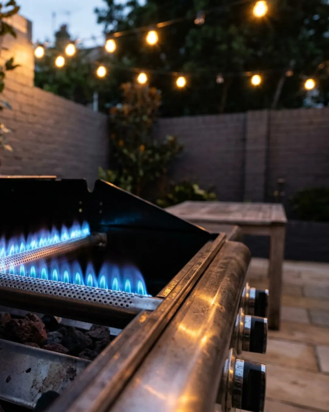 Clean blue gas flames burning along a barbecue burner in a Balmain terrace courtyard at dusk with festoon lights reflecting off the stainless hood