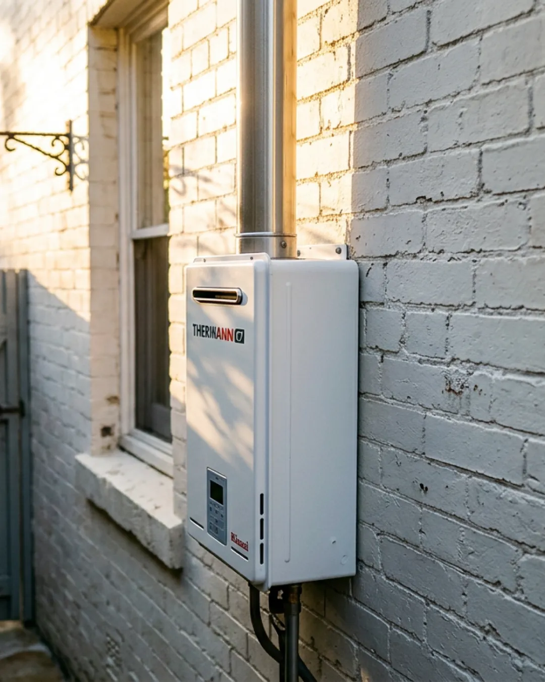 A compact white gas continuous flow hot water unit on the exterior brick wall of a Balmain terrace with climbing jasmine nearby