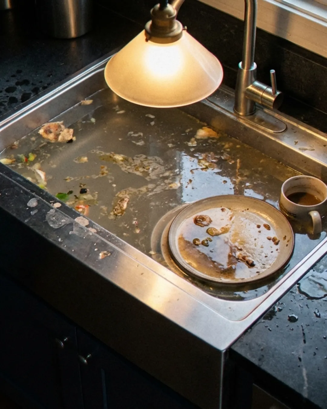 Kitchen sink backed up with dirty water in a Balmain home with dark countertops