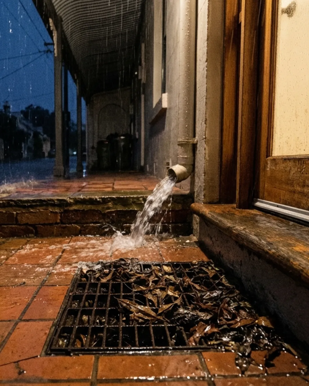 Rainwater overflowing from a blocked drain at the entrance of a Balmain terrace house
