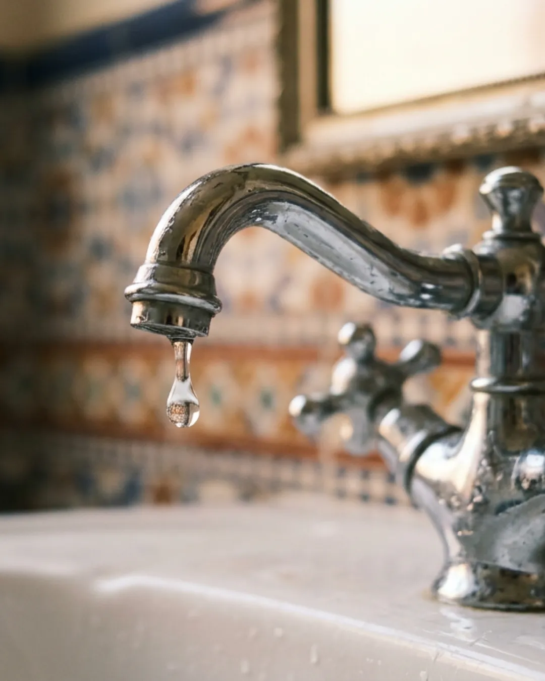 Chrome cross-handle tap with water droplet over a white ceramic basin with heritage patterned tiles in a Balmain terrace bathroom