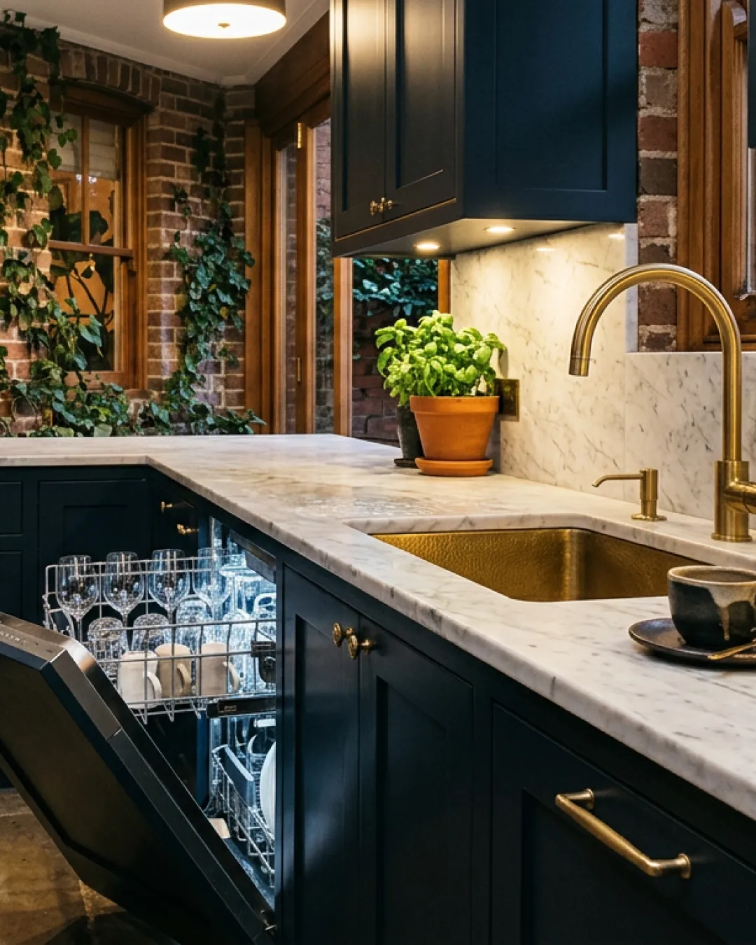 Renovated navy kitchen with open dishwasher, brass tapware and marble benchtops in a Balmain terrace home