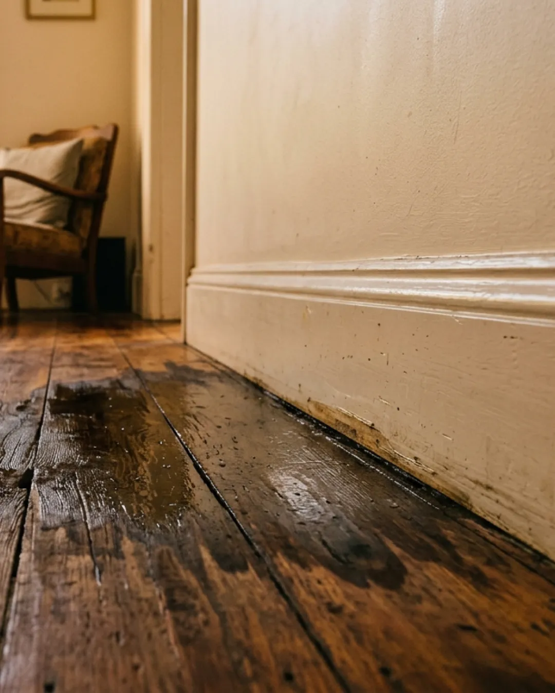 Original timber floorboards showing moisture damage and discolouration near the skirting board in a Balmain terrace living room