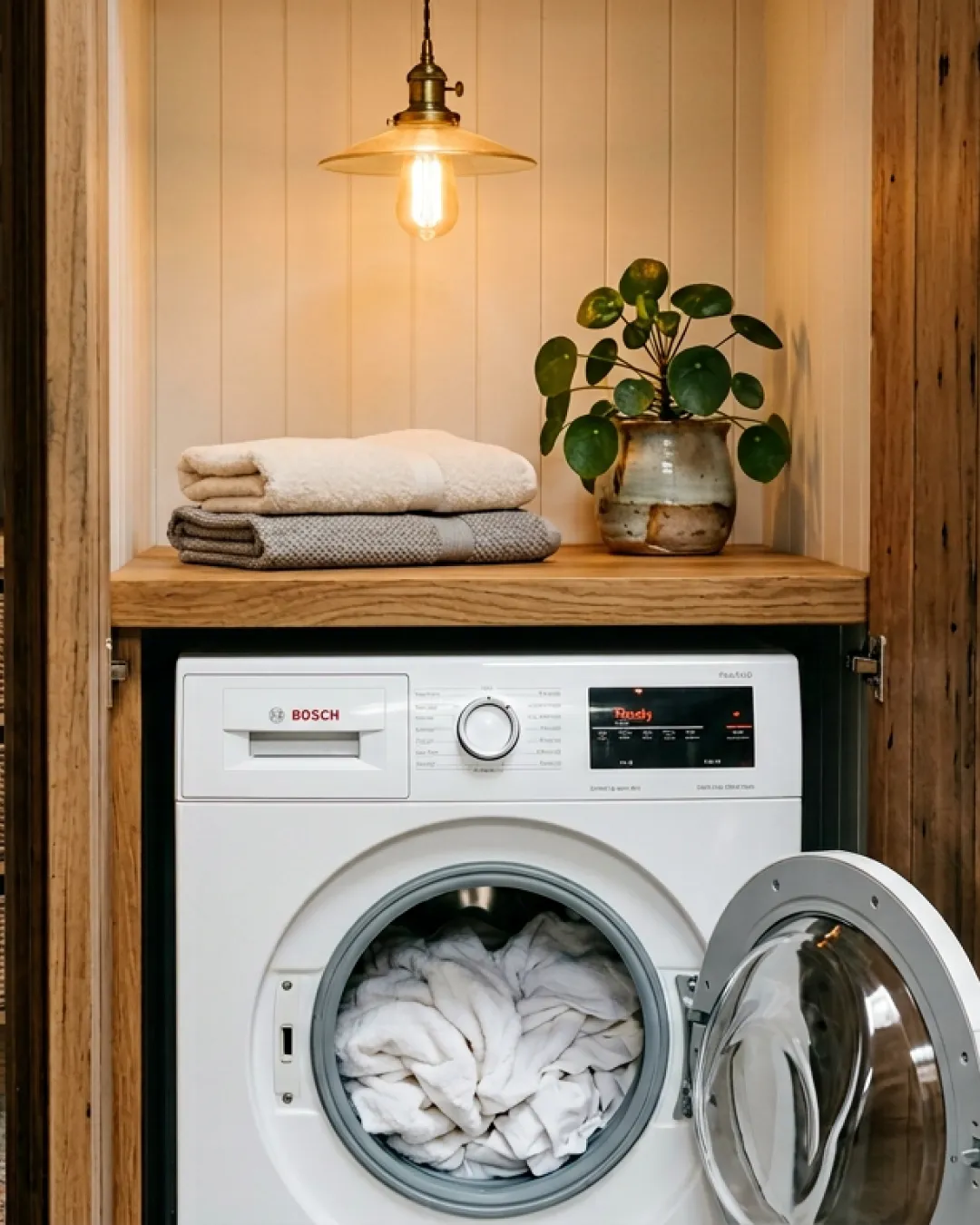 Heritage Balmain terrace laundry with front-loading washing machine, wicker storage baskets and exposed brick wall