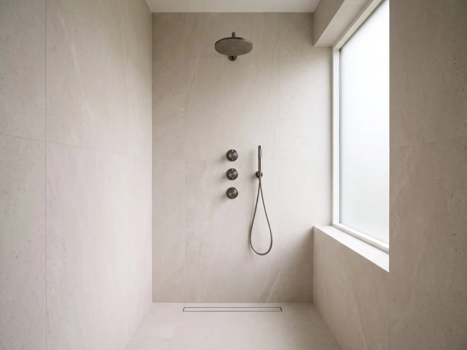 Minimal wet room with seamless stone tile floor and brushed gunmetal concealed shower system