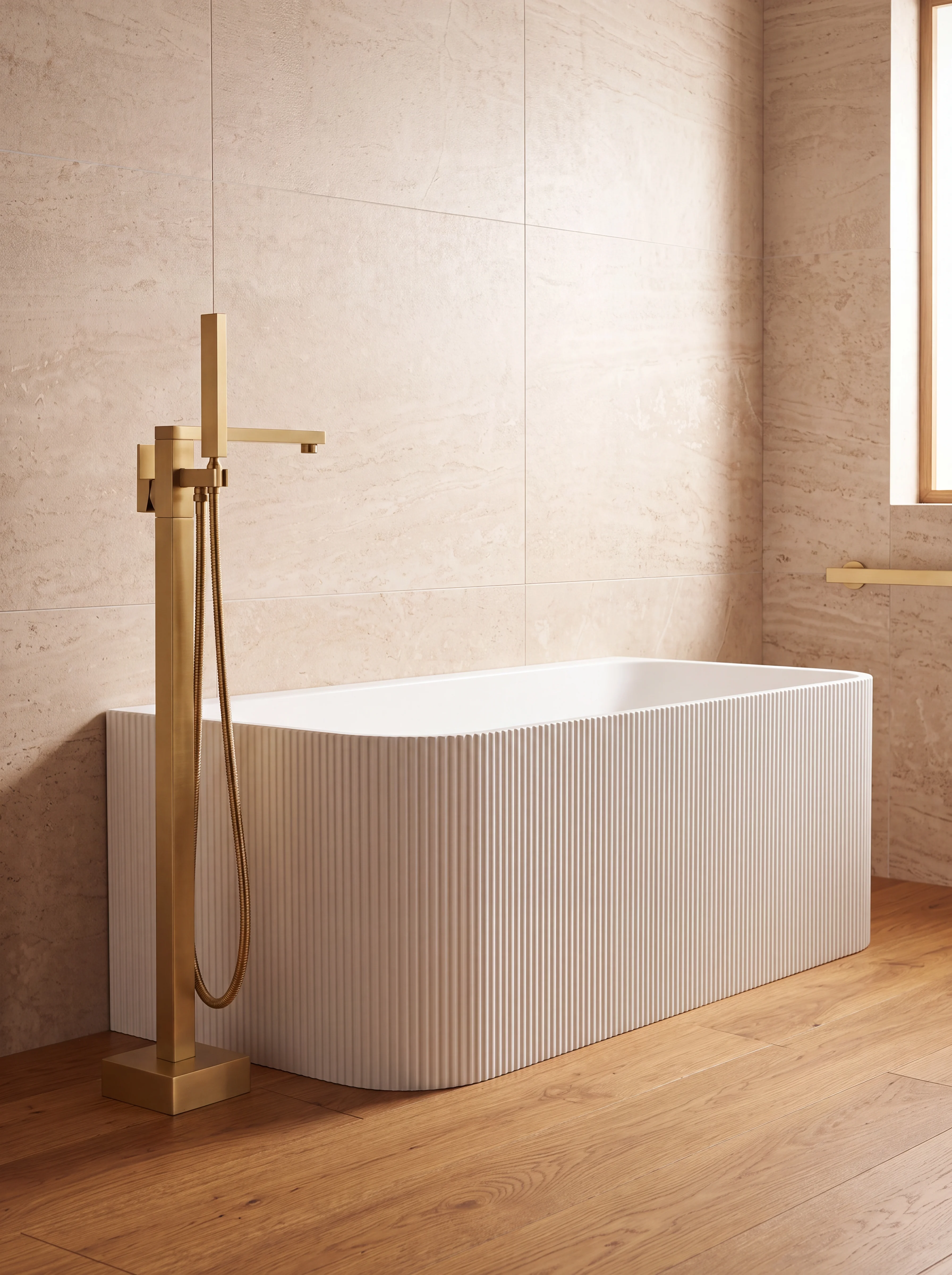 Doré floorstanding bath filler in brushed gold PVD beside a freestanding bath