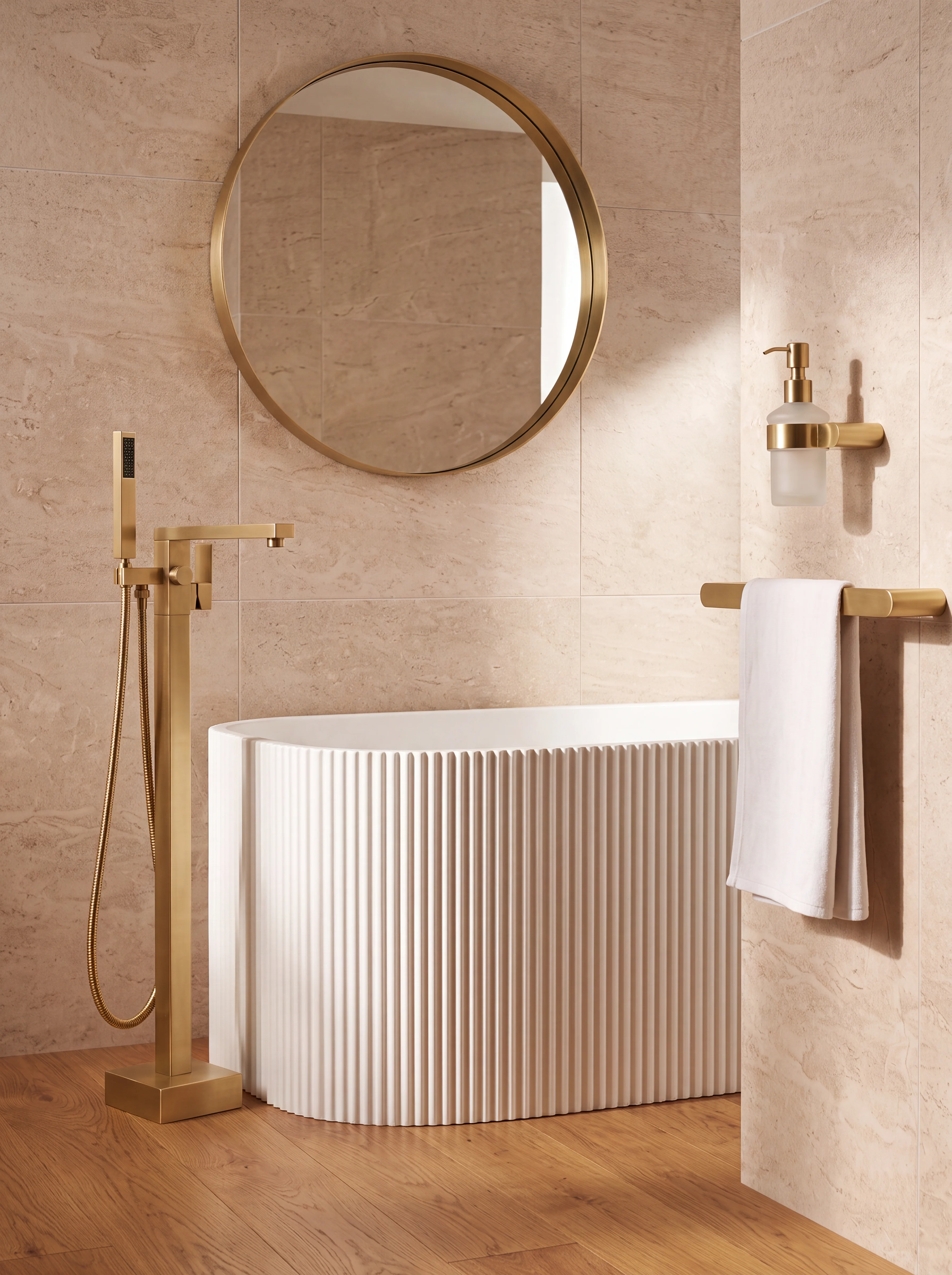 Doré floorstanding tap in brushed gold, styled in a considered bathroom