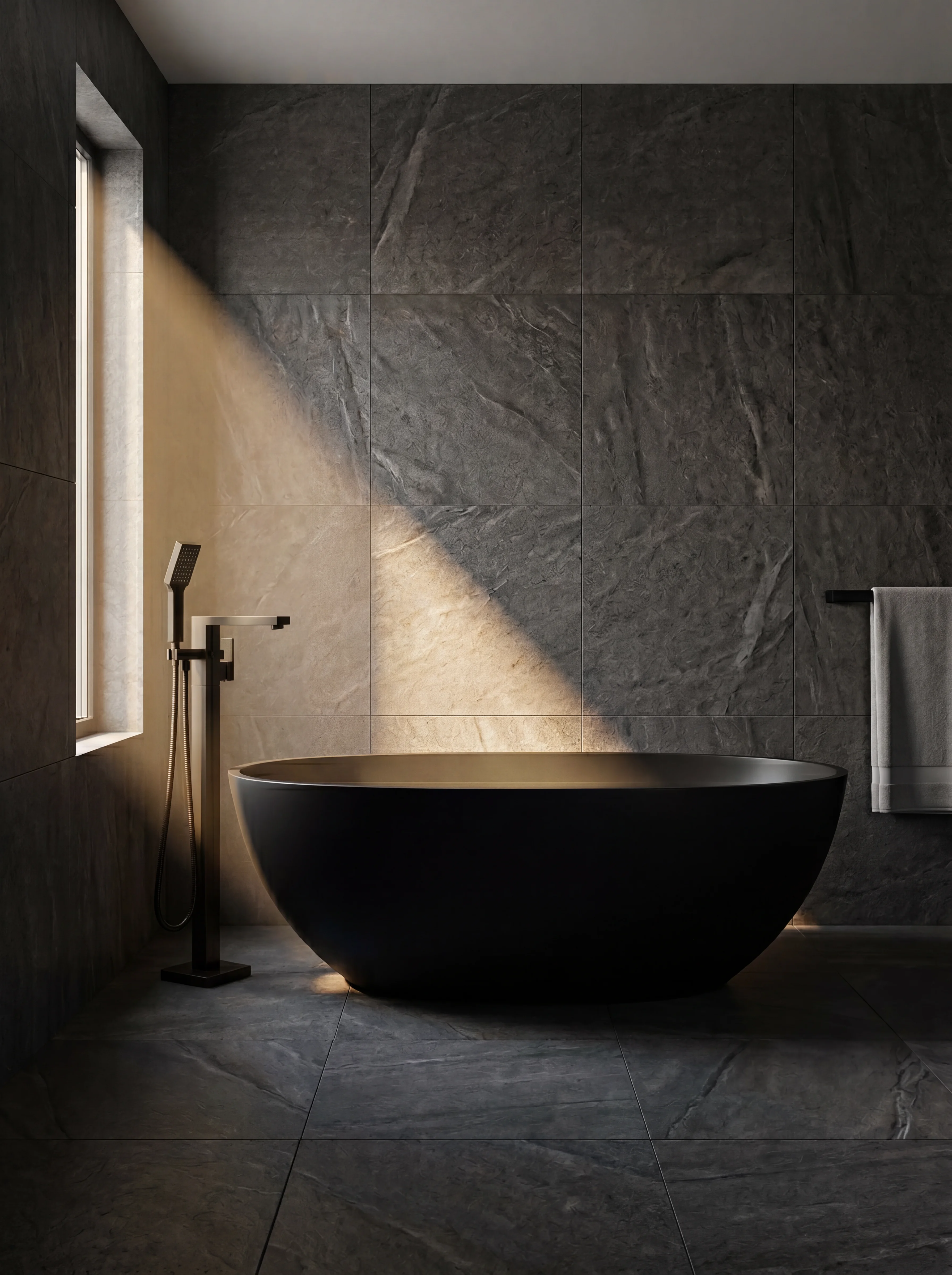 Noir floorstanding bath filler in matte black beside a freestanding bath