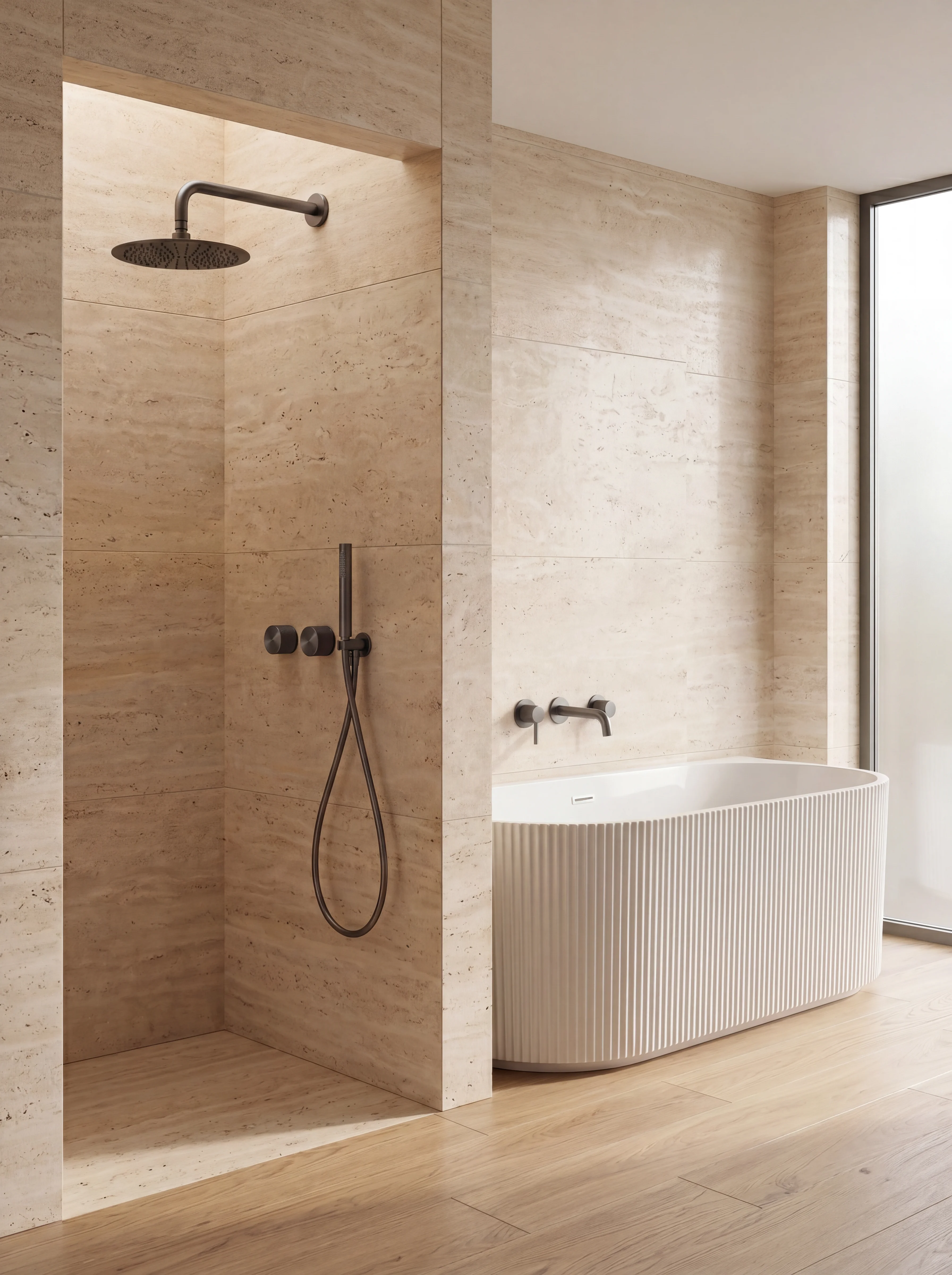 Forge concealed shower system installed in a considered bathroom