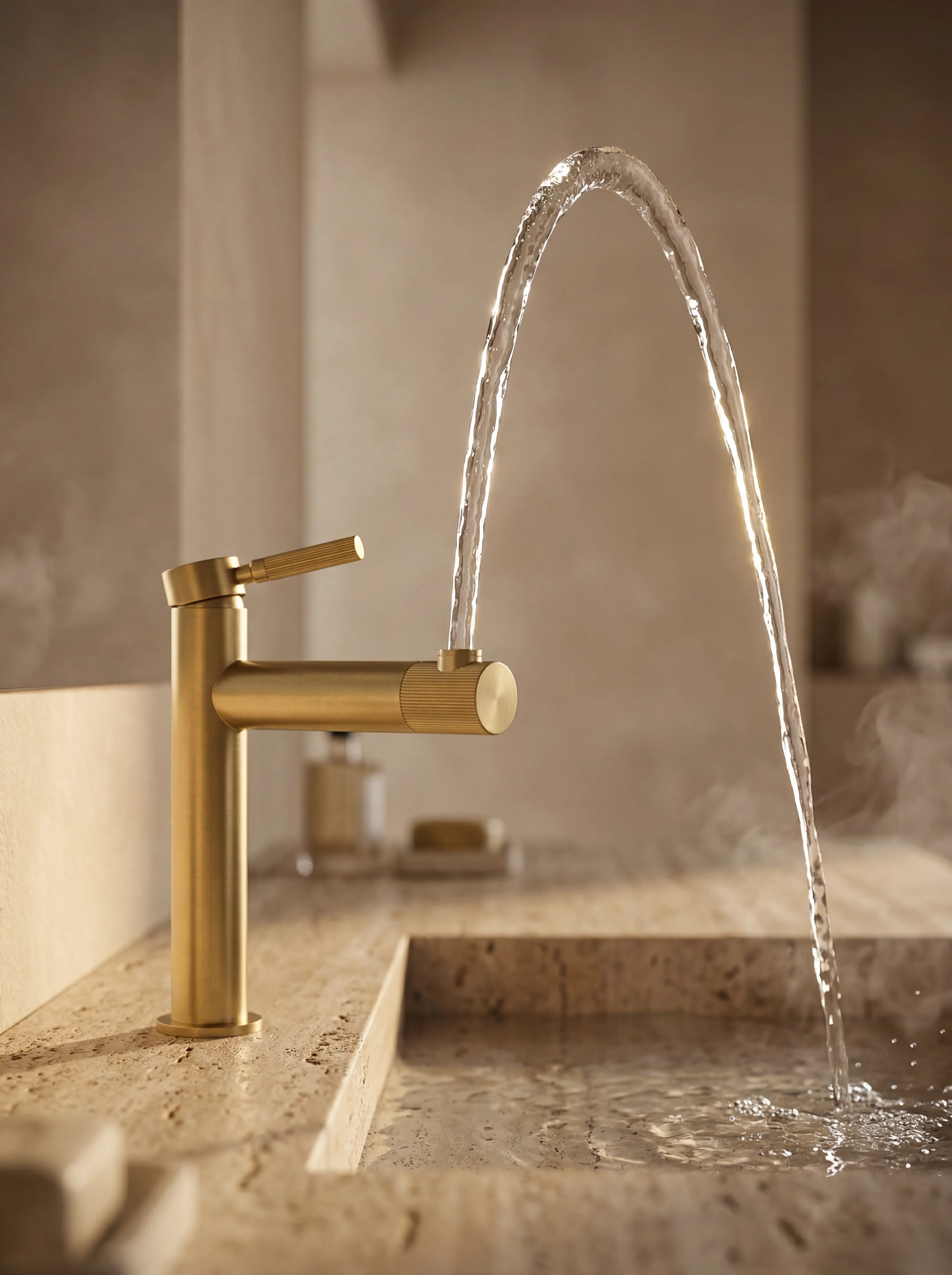 Vermeil basin tap running — brushed gold finish catching the light