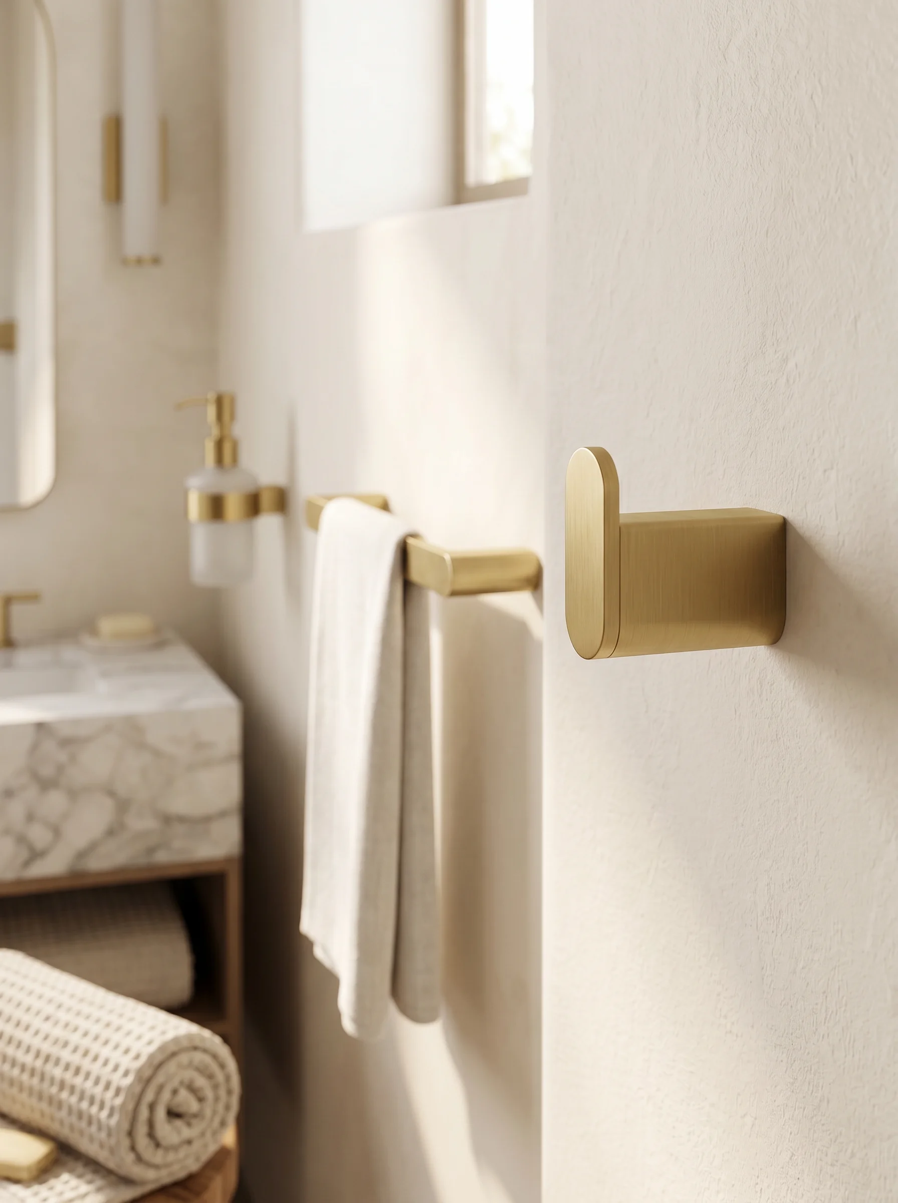 Aurum Robe Hook in a warm, considered bathroom interior