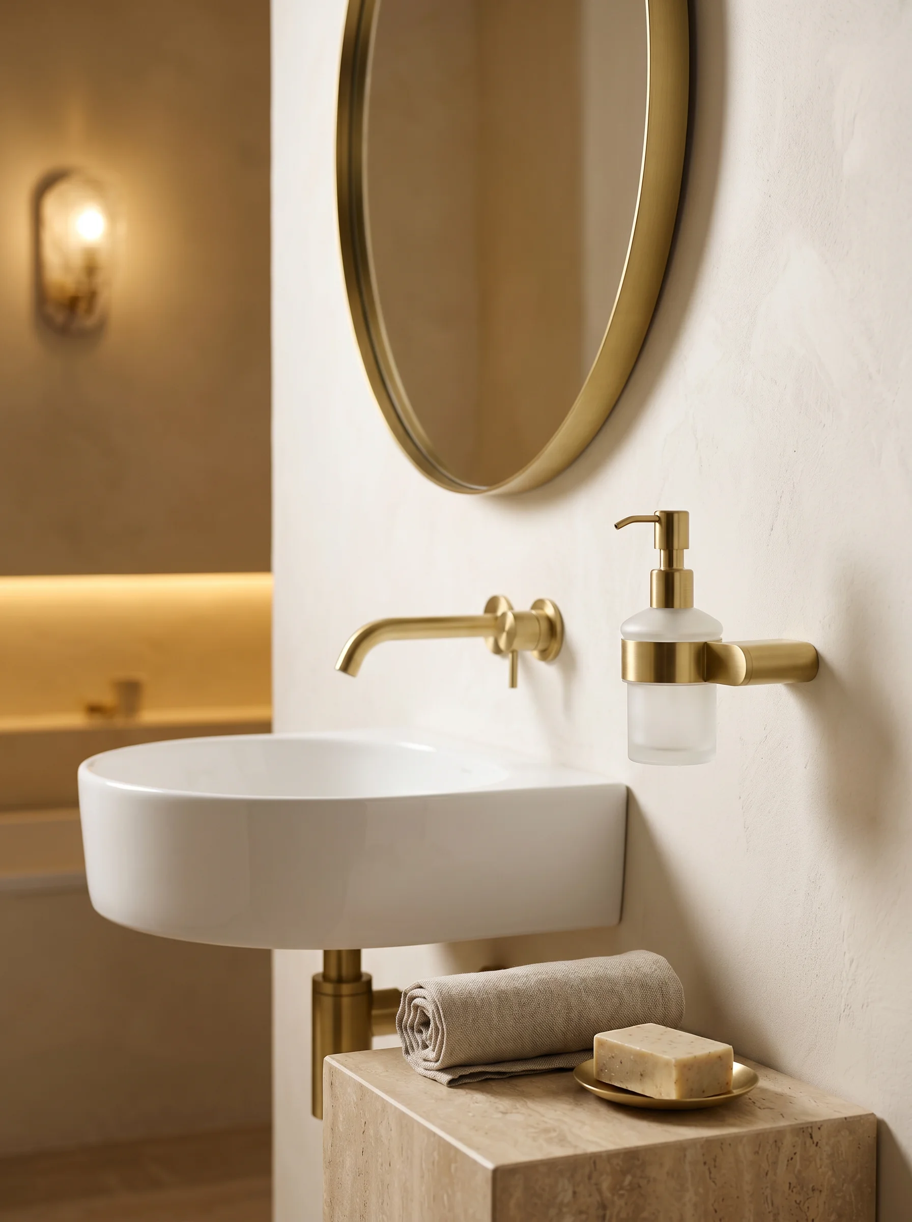 Aurum Soap Dispenser beside a bathroom basin