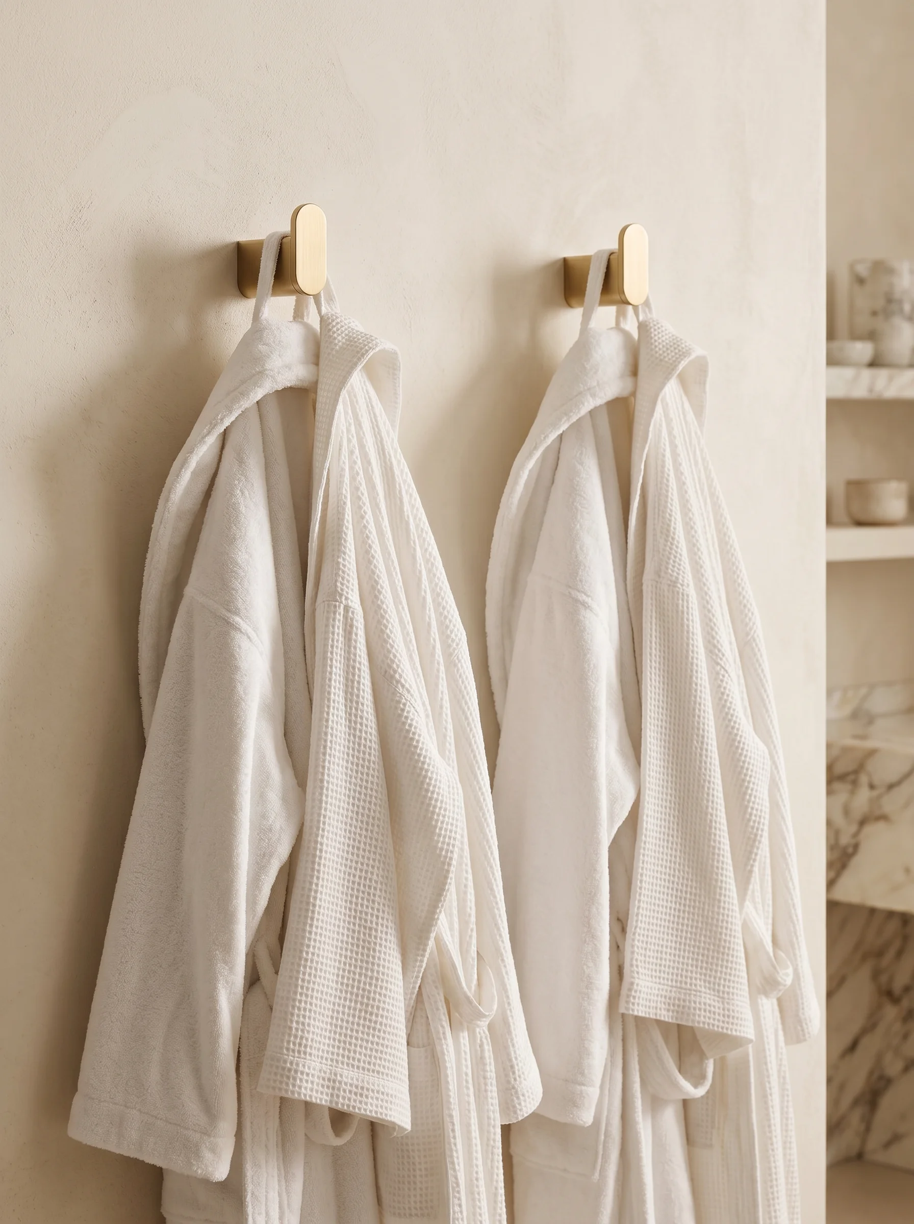 Aurum Double Robe Hook — two brushed brass hooks mounted on a bathroom wall
