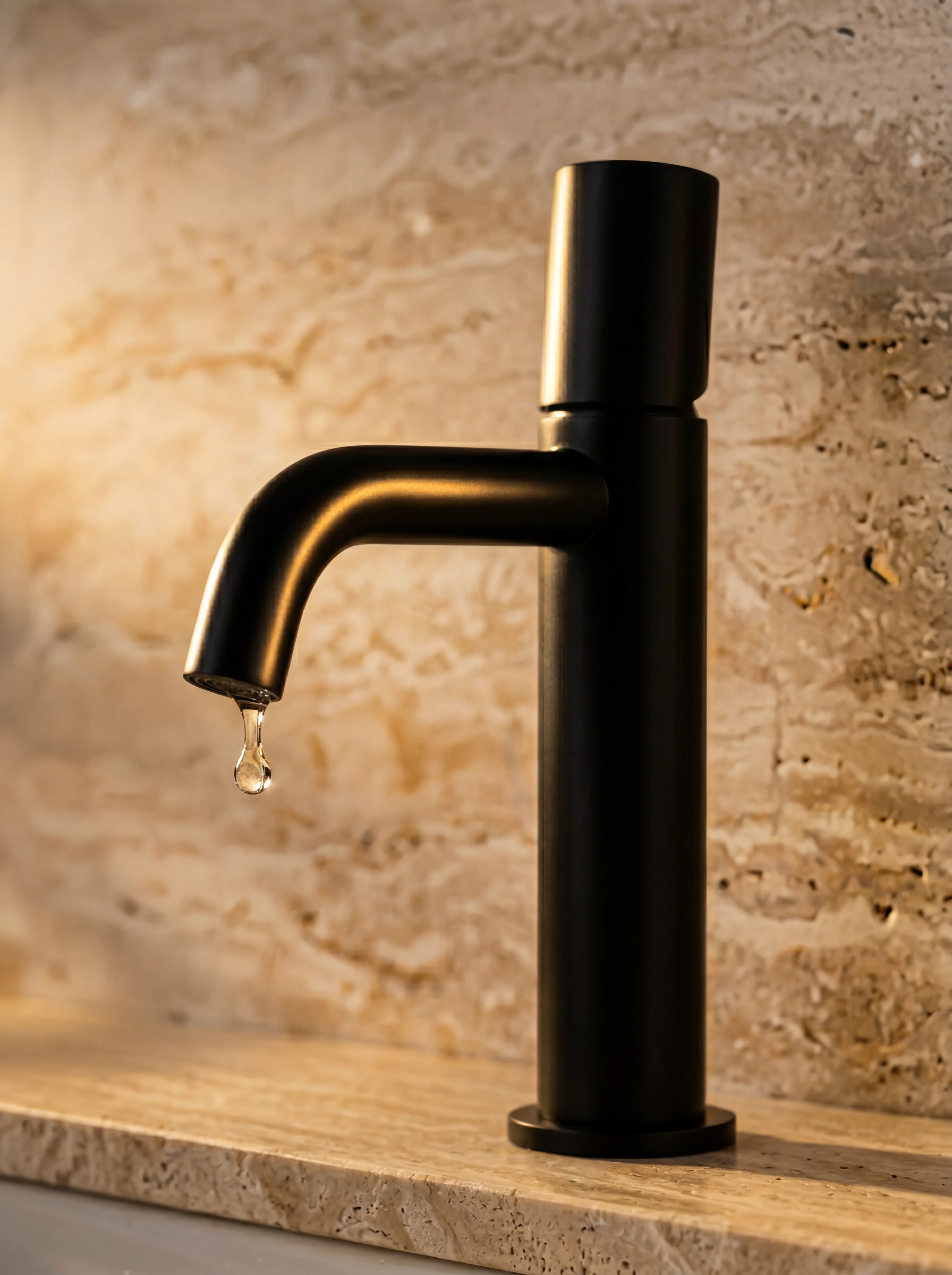 Sable basin tap in matte black — tall tapered form on a basin