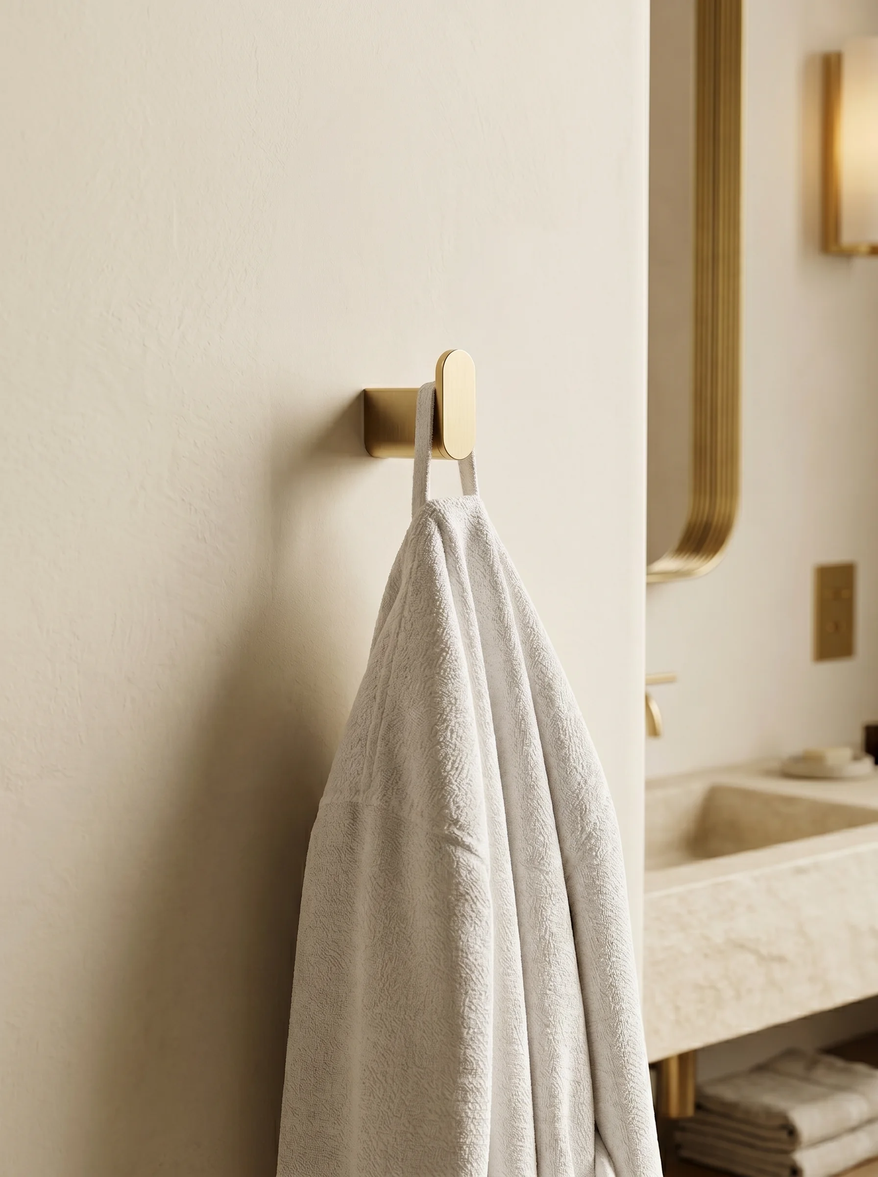 Aurum Robe Hook — single brushed brass hook mounted on a bathroom wall