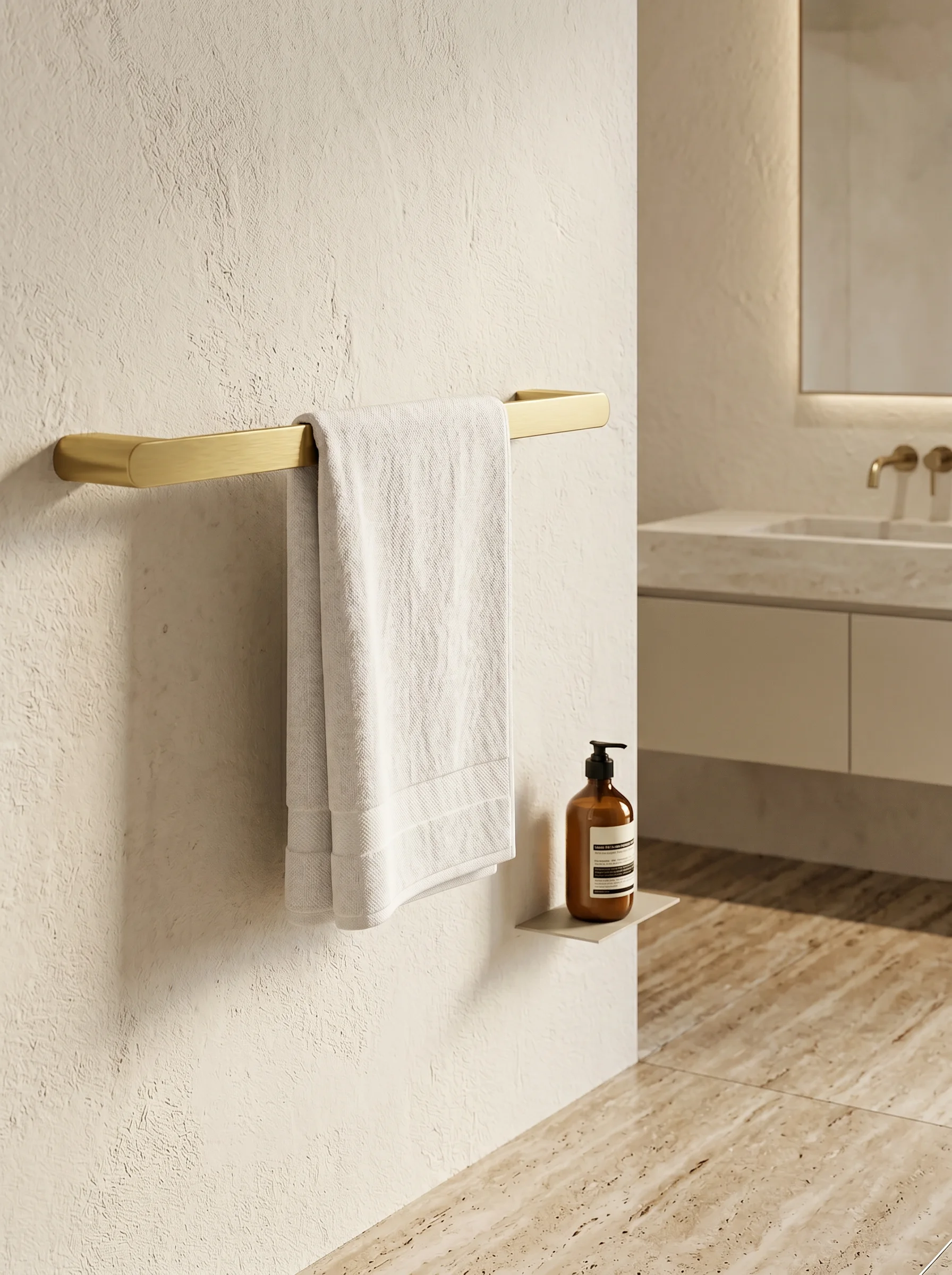 Aurum Towel Rail — brushed brass bar mounted on a bathroom wall