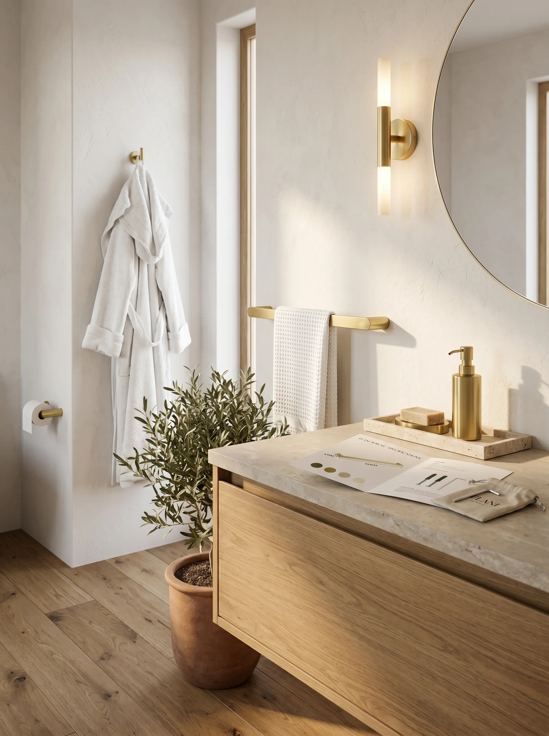 Aurum Towel Rail in a warm, brushed brass bathroom scheme