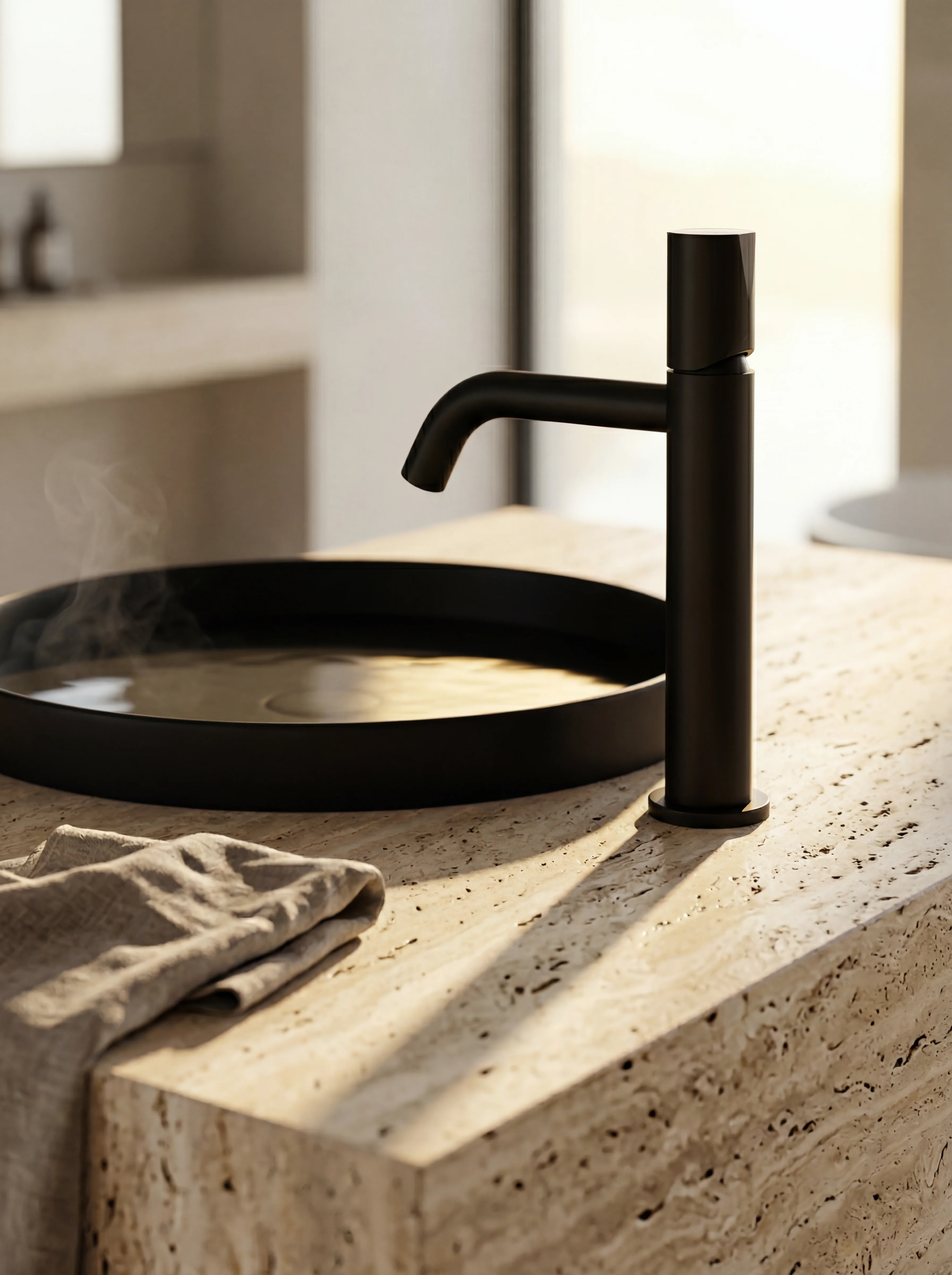 Sable basin tap mounted on a matte black vanity