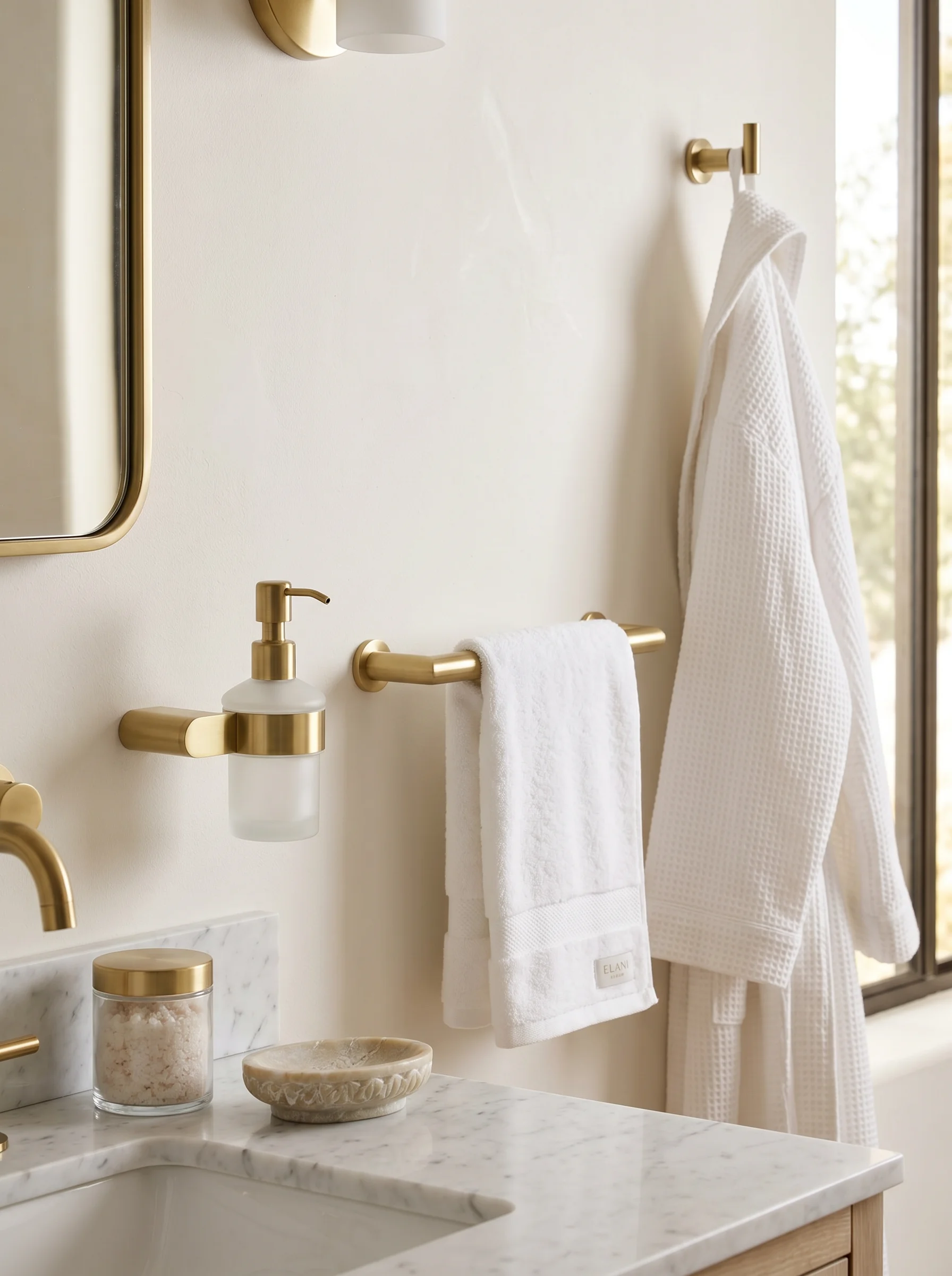 Aurum Soap Dispenser in a warm, brushed brass bathroom interior