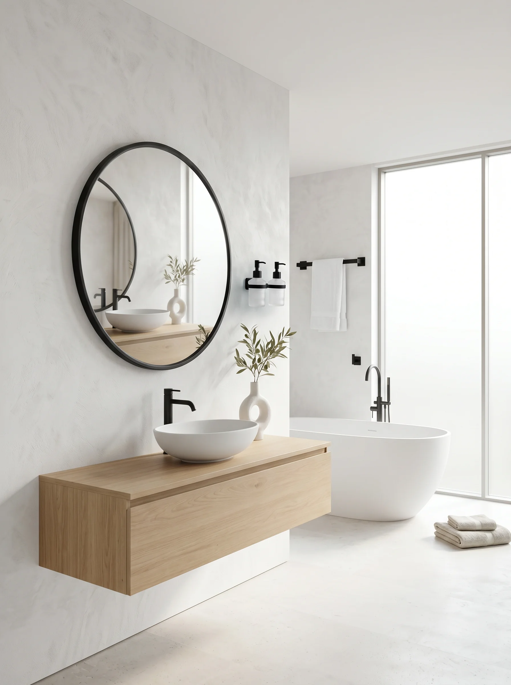 Duo soap dispenser in a matte black bathroom interior