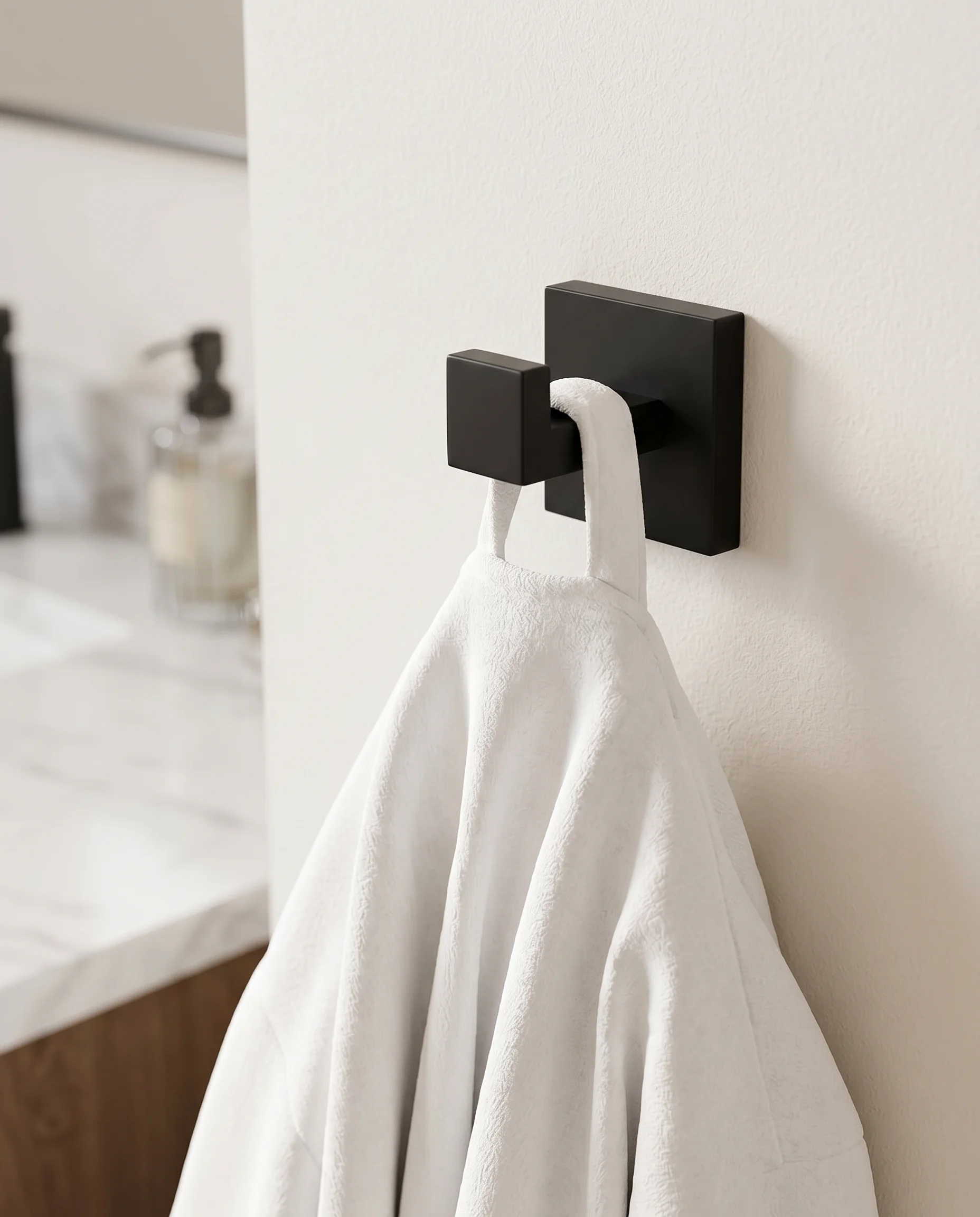 Edge accessory set detail — matte black towel bar and robe hooks