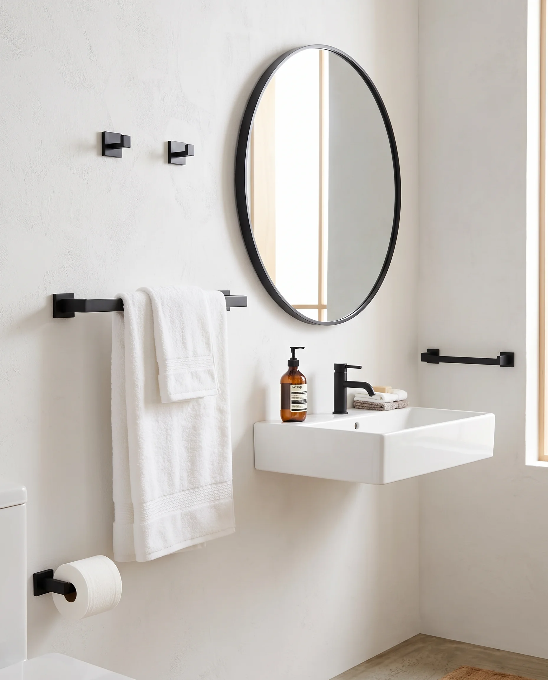 Edge five-piece bathroom accessory set in matte black, mounted on a wall
