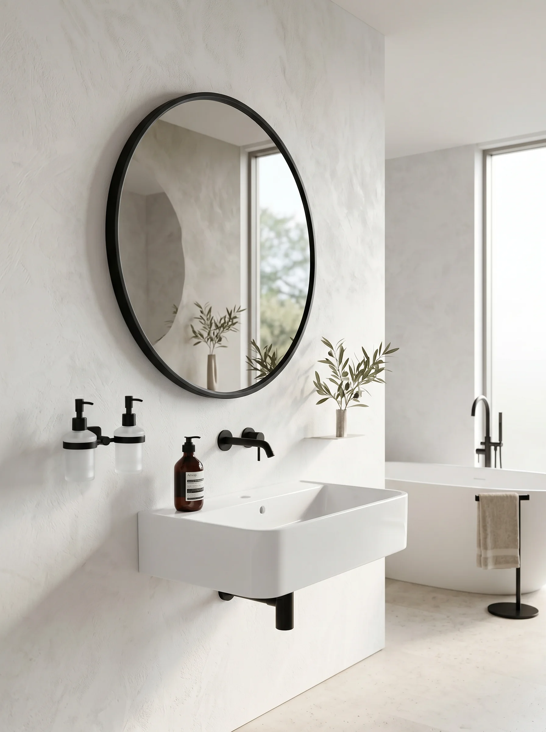 Duo soap dispenser beside a bathroom basin