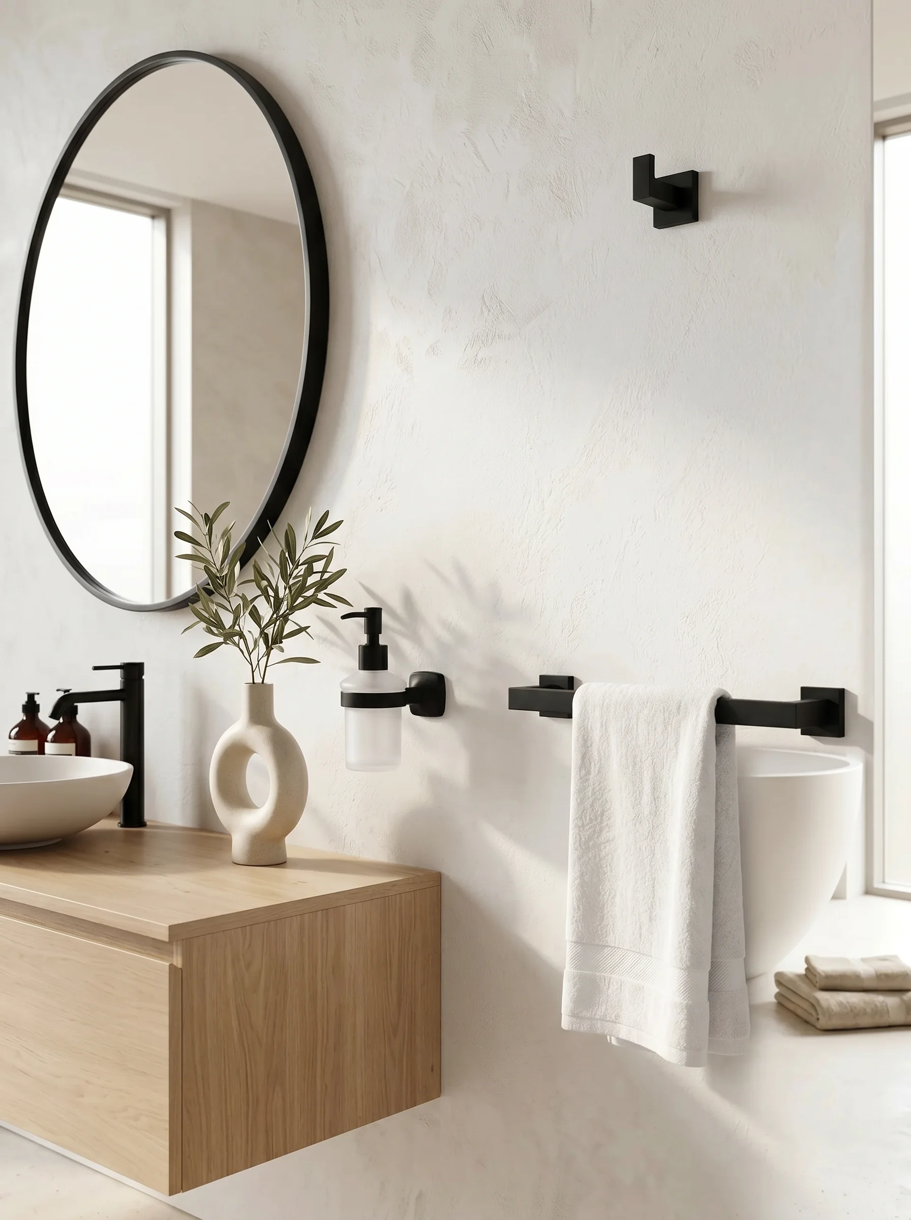 Solo soap dispenser in a matte black bathroom interior