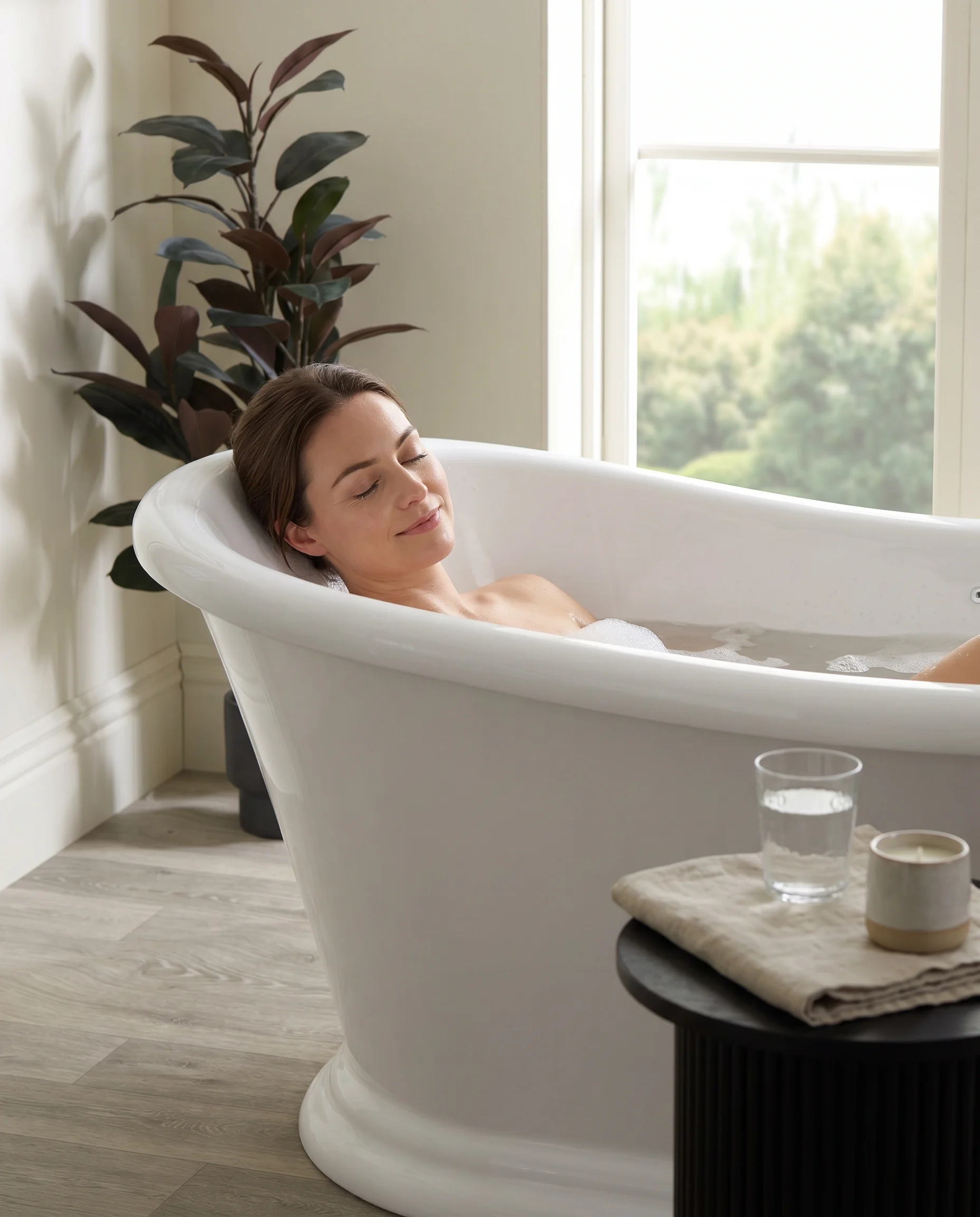 Crest bath with a woman relaxing in the classic slipper tub