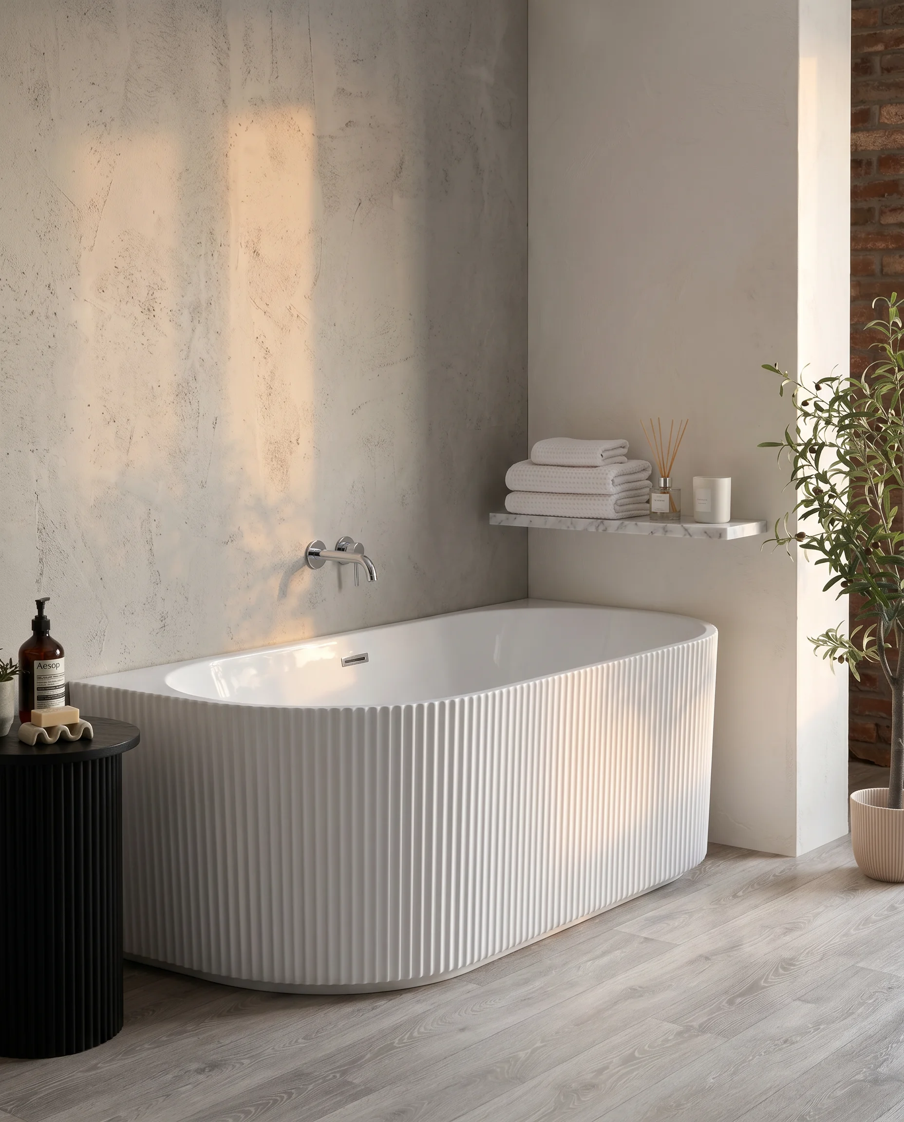 Reede fluted freestanding bath in a styled bathroom scene