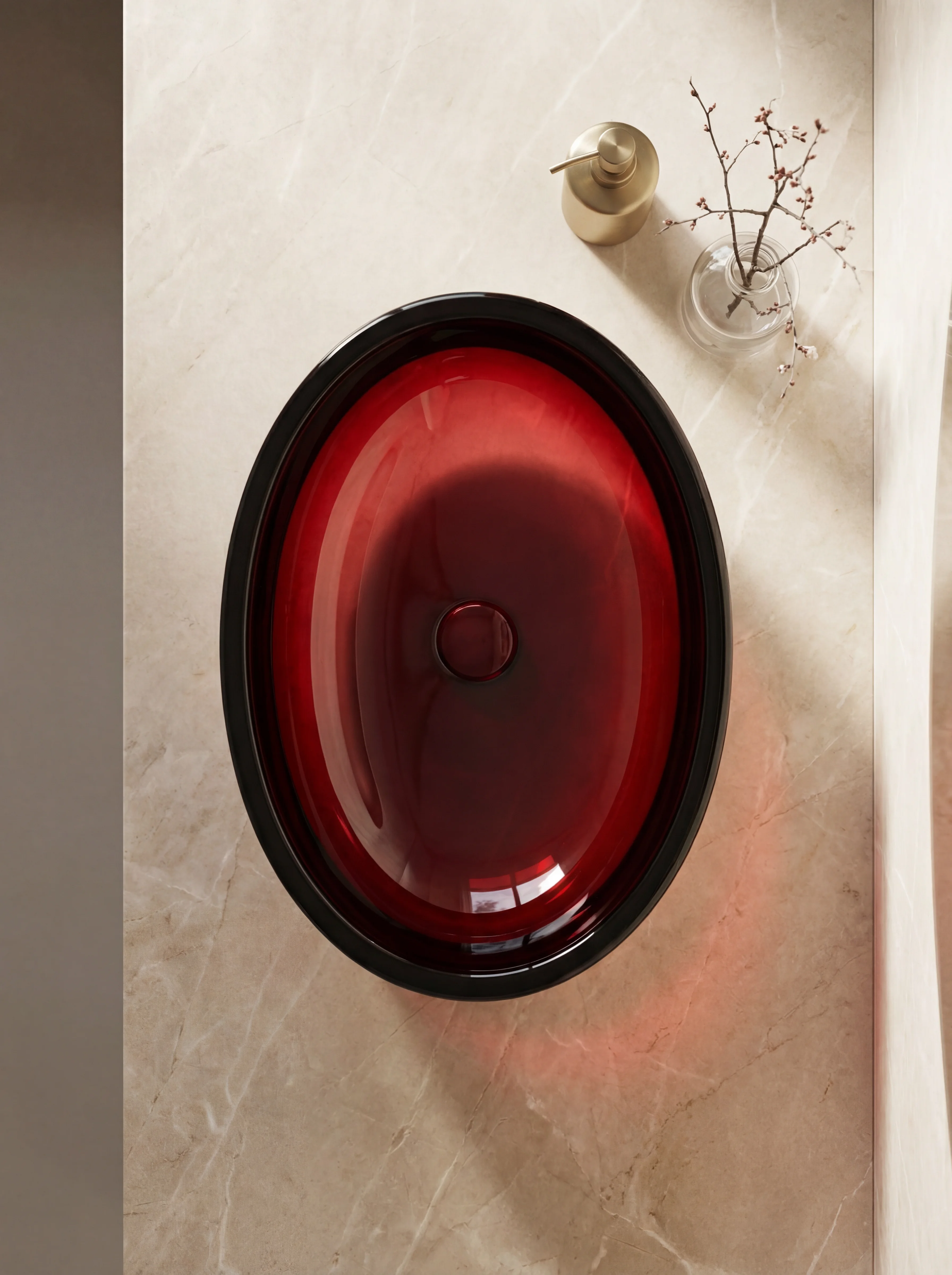 Ember basin detail — translucent red resin catching the light