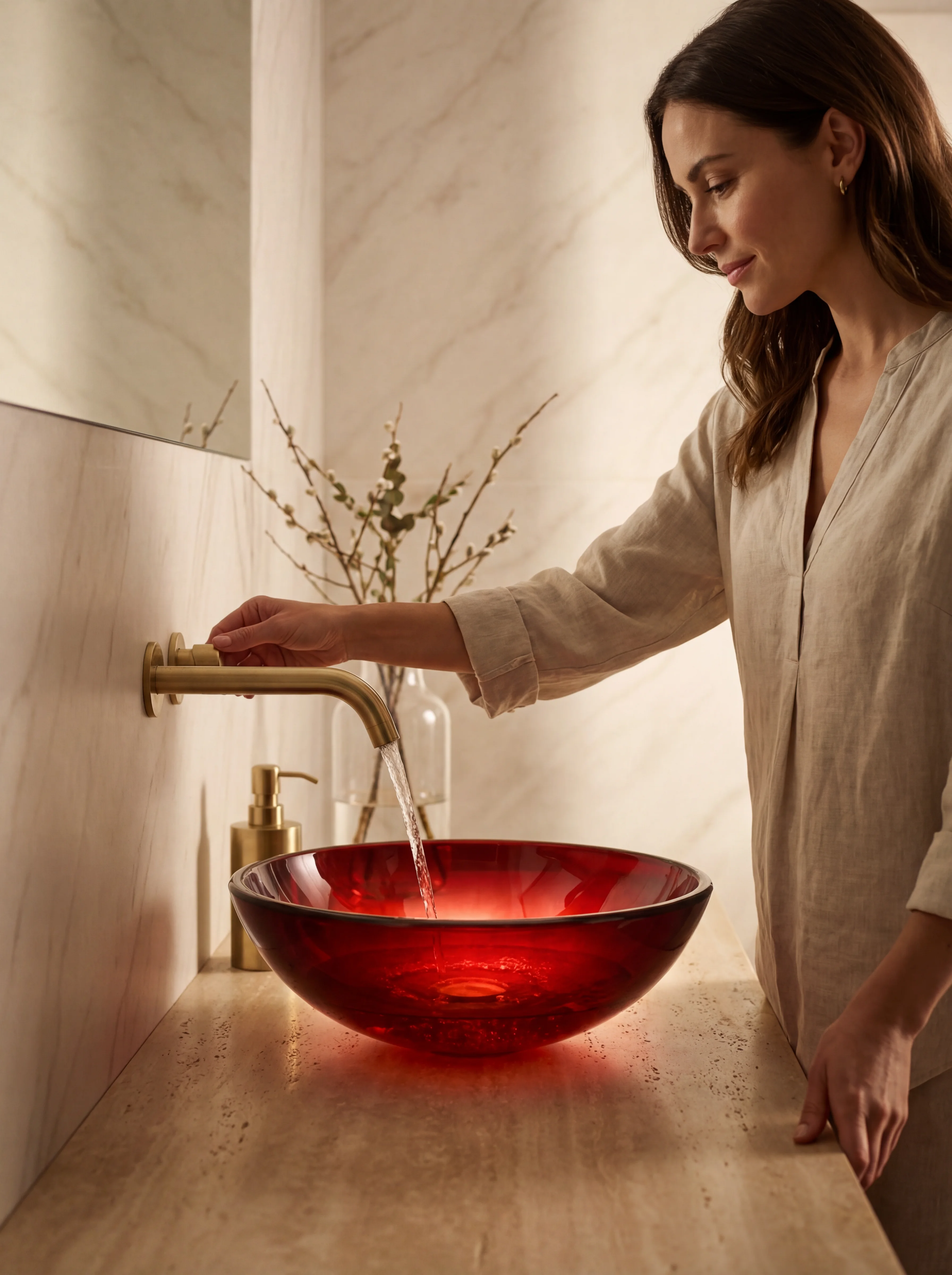 Ember basin styled on a bathroom vanity with brushed brass fittings