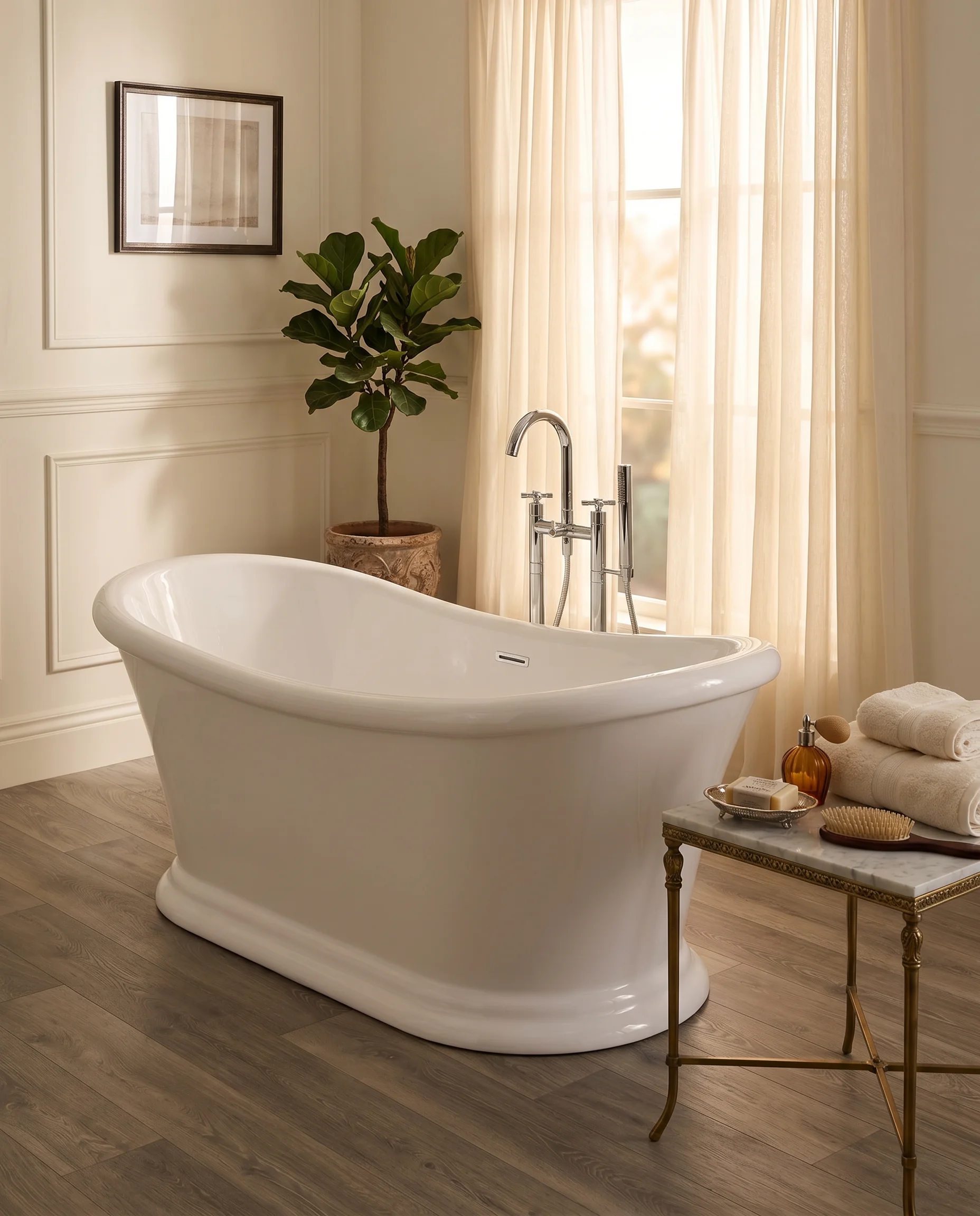 Crest freestanding bath — classical slipper silhouette in a styled bathroom